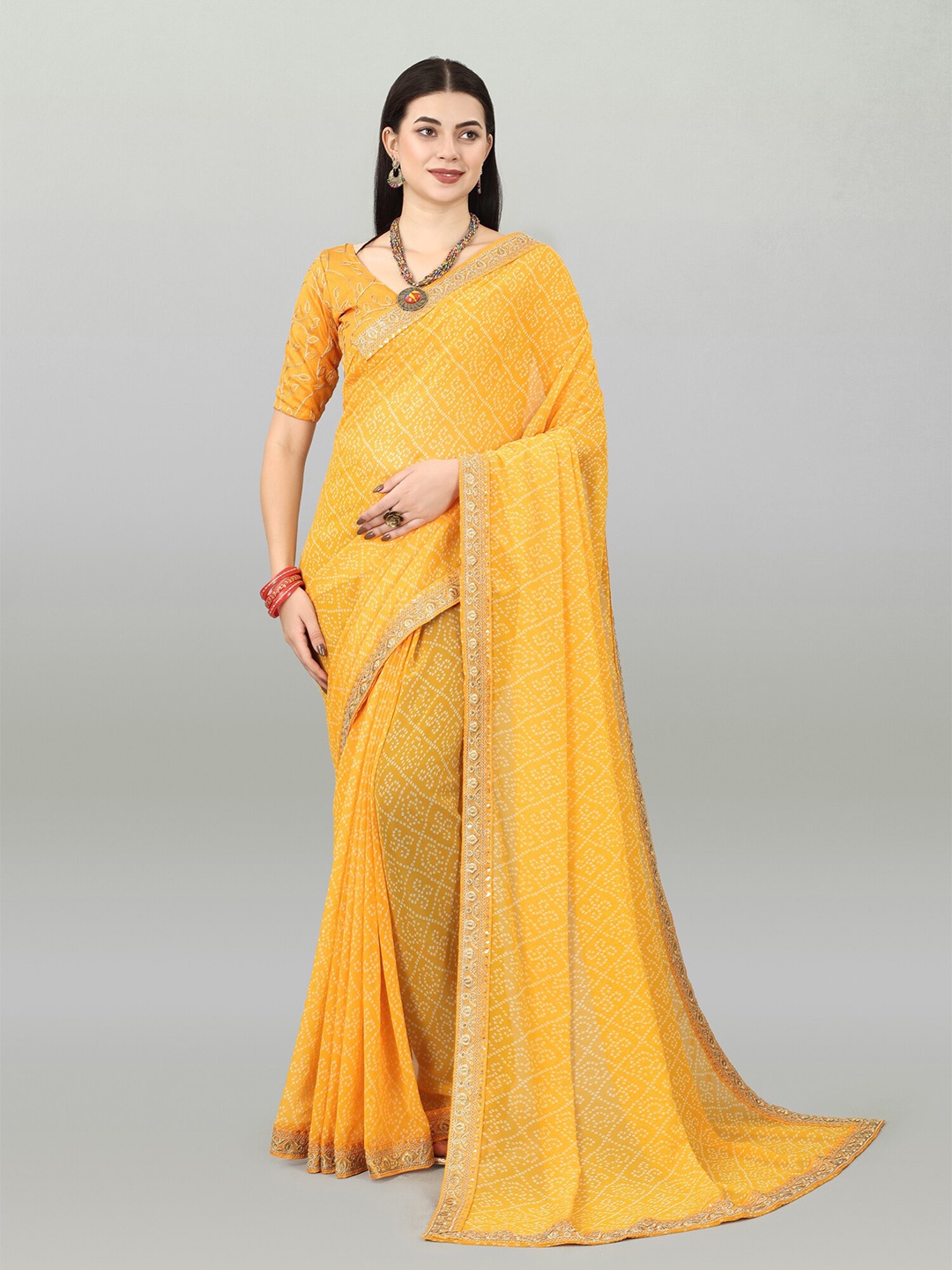 

DWIZA ENTERPRISE Bandhani Printed Embroidered Pure Georgette Bandhani Saree, Yellow