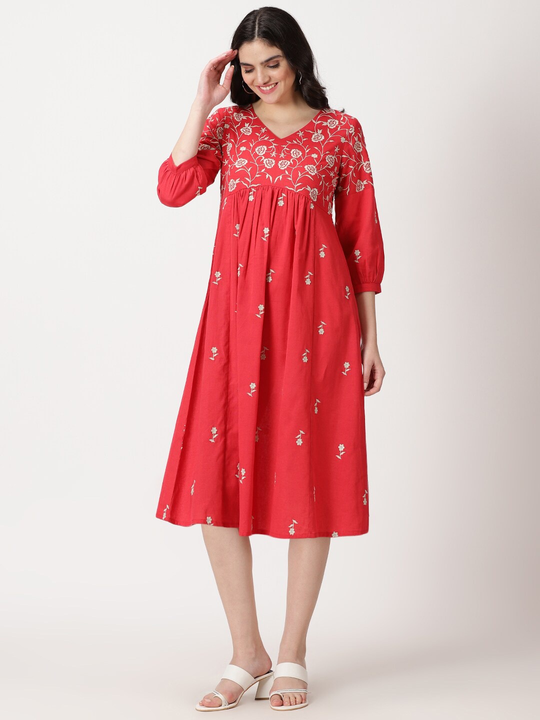 

Saffron Threads Floral Embroidered V-Neck A-Line Cotton Empire Style Ethnic Dress, Red
