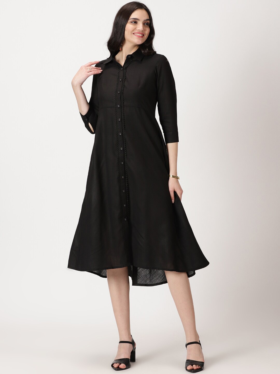

Saffron Threads Lace Placket Shirt Midi Dress, Black