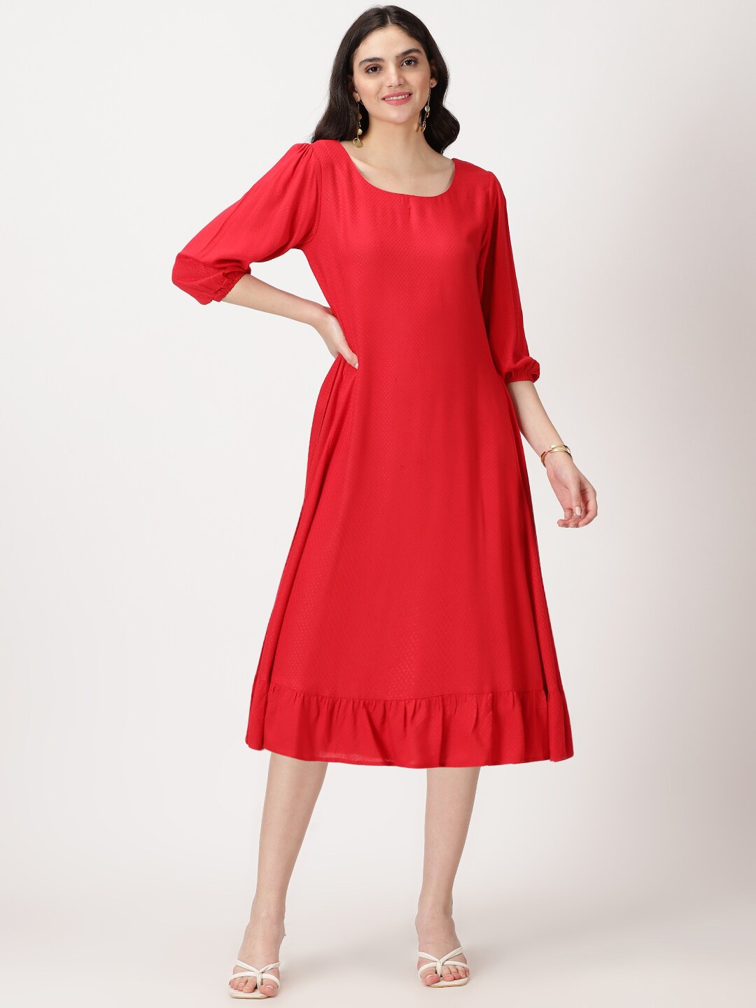 

Saffron Threads Self Design A-line Midi Dress, Red