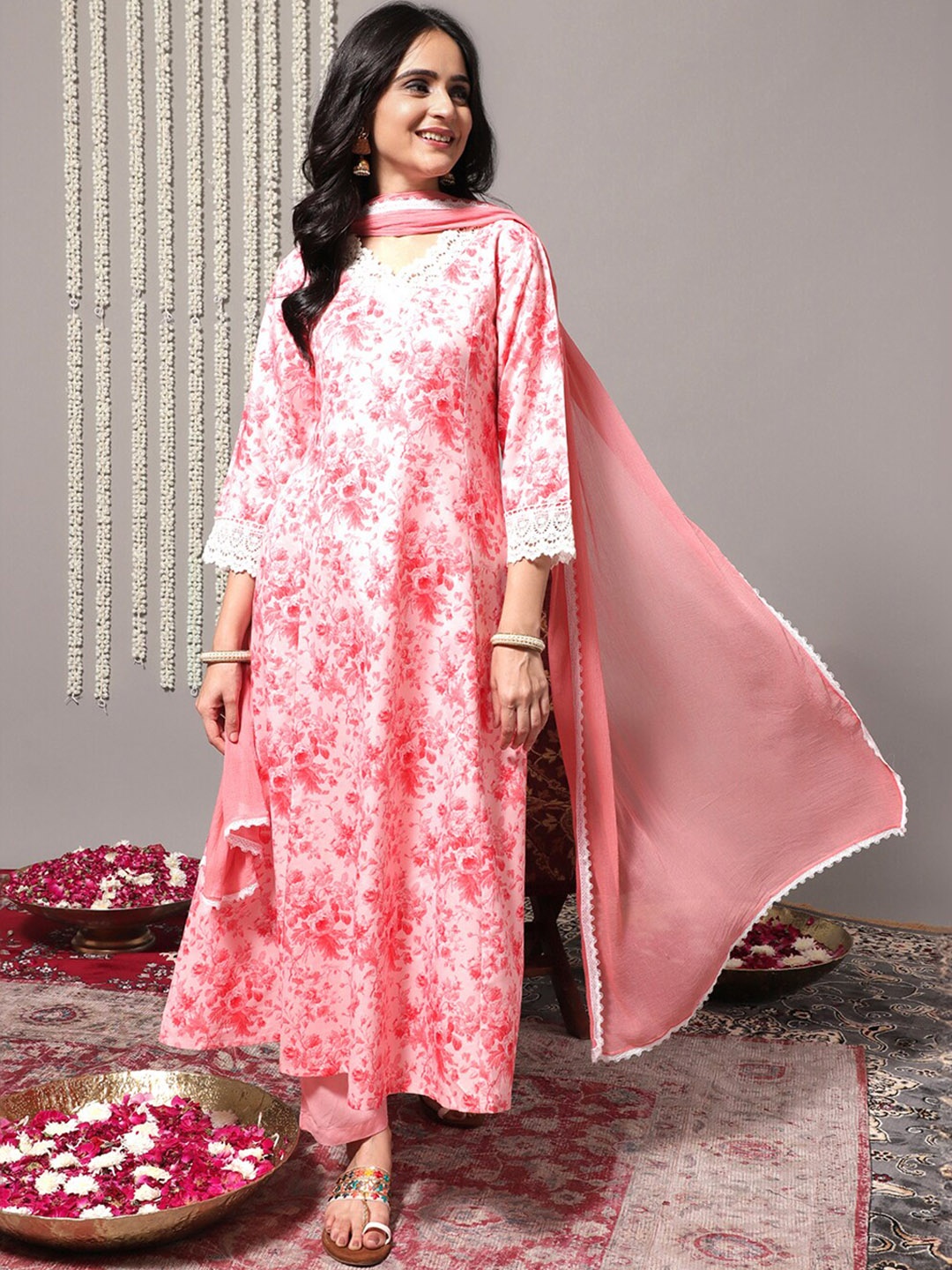 

Varanga Floral Printed A-Line Kurta With Trousers & Dupatta, Peach