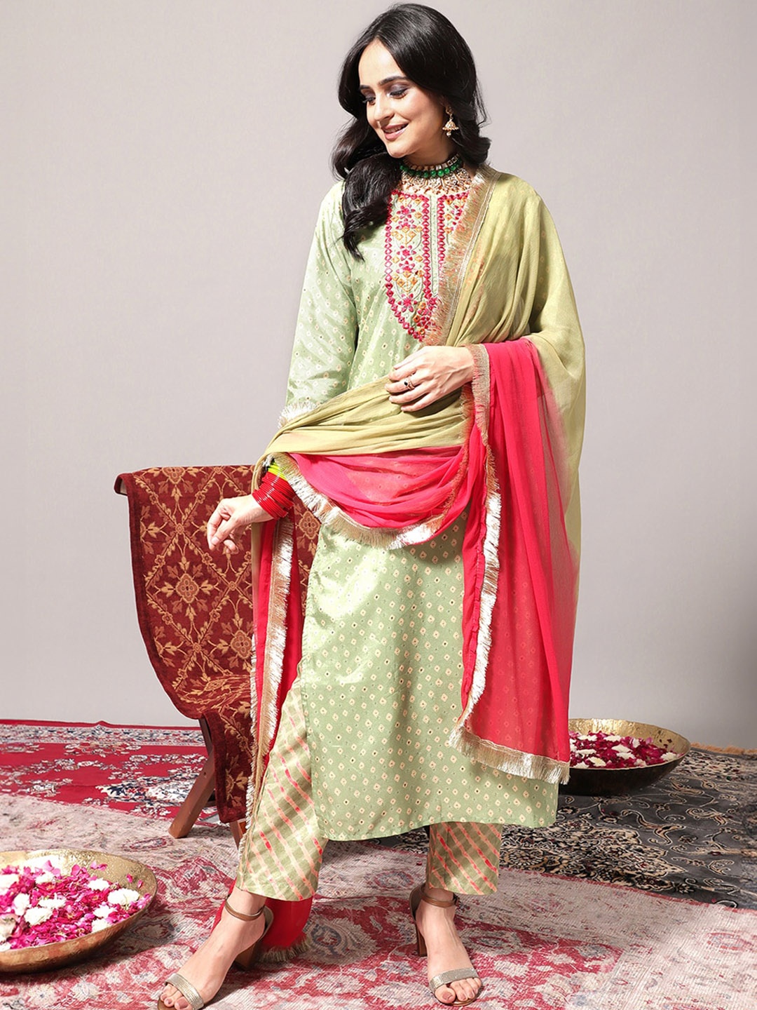 

Varanga Embroidered Mirror Work Regular Kurta with Trousers & With Dupatta, Olive