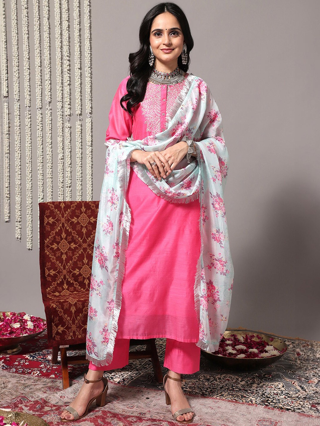 

Varanga Floral Embroidered Chanderi Silk Straight Kurta With Trousers & Dupatta, Pink