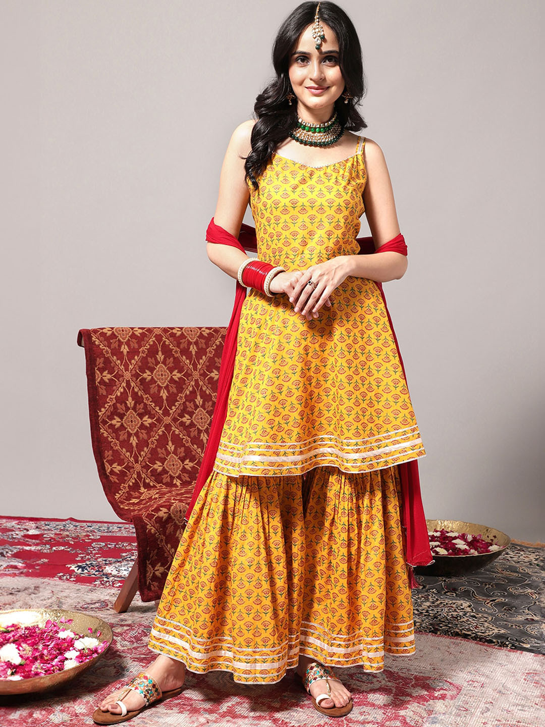 

Varanga Ethnic Motifs Printed Gotta Patti A-Line Kurta & Sharara With Dupatta, Yellow