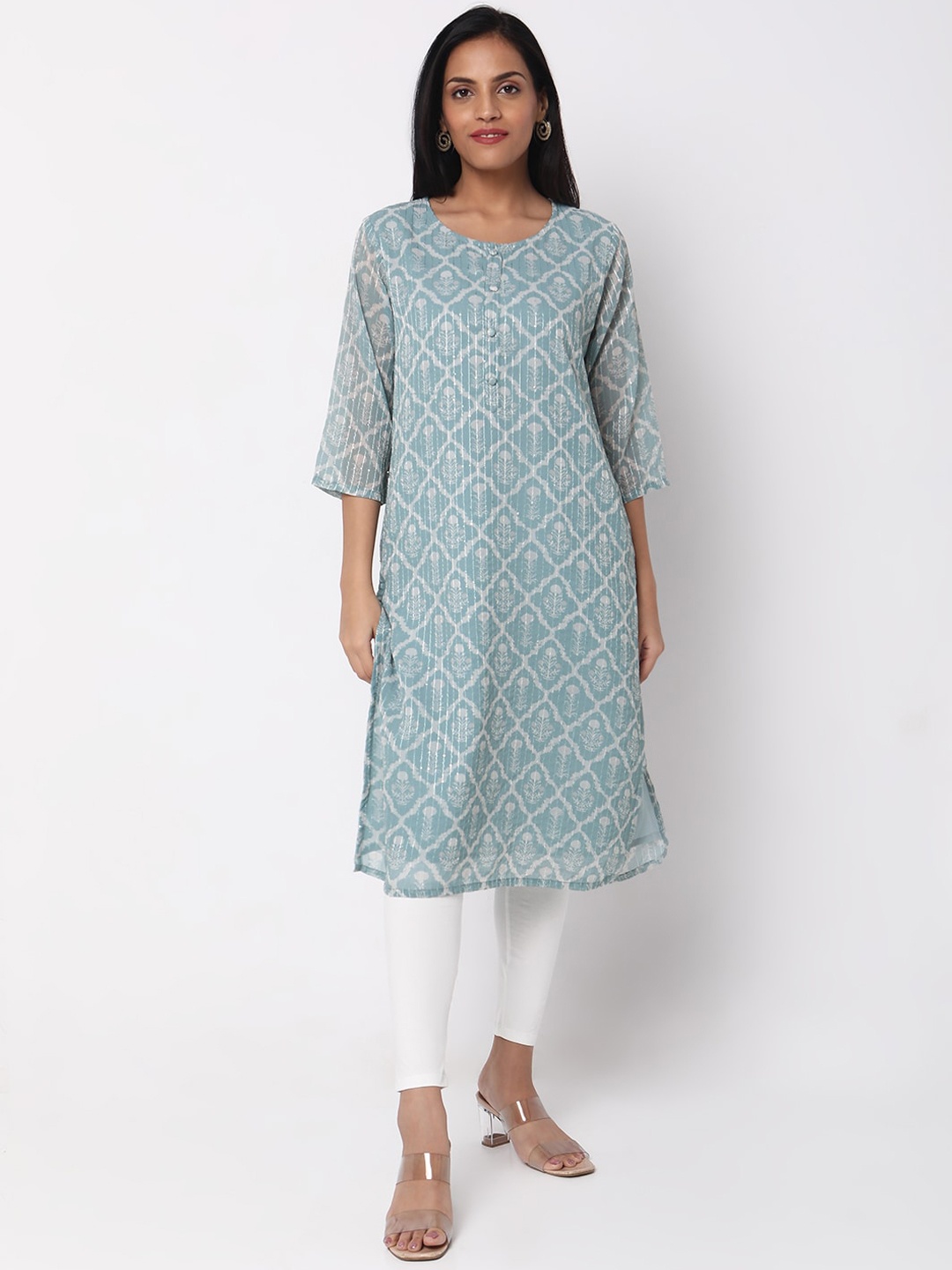 

Ethnicity Ethnic Motifs Printed Sequinned Straight Kurta, Blue