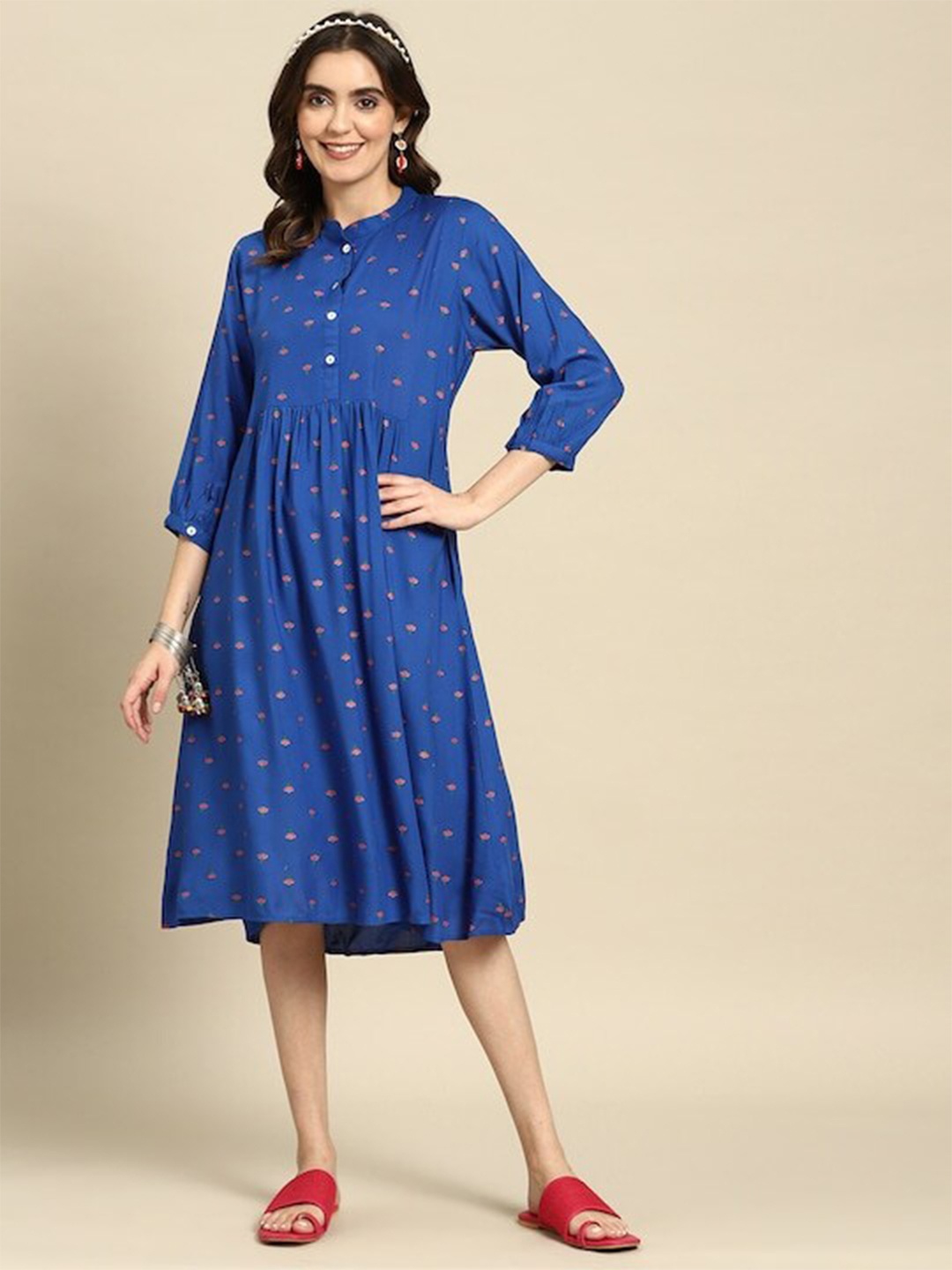 

KALINI Floral Printed Cotton Fit & Flare Midi Dress, Navy blue