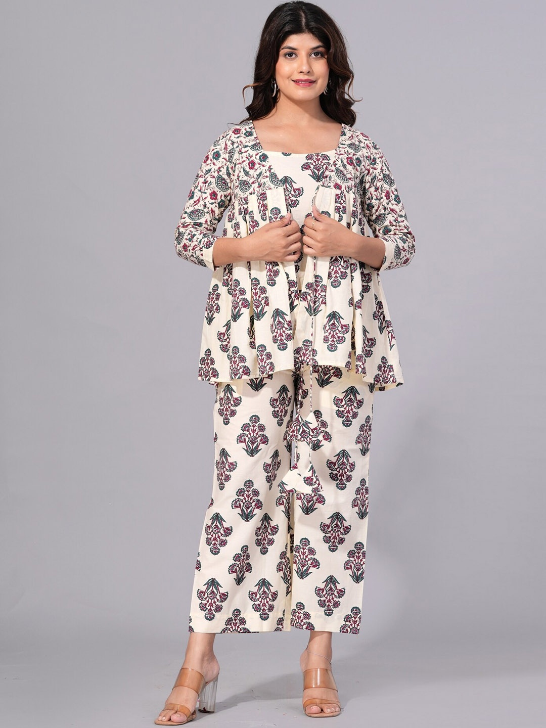 

EtnicaWear Printed Cotton Naira Cut Kurta & Palazzo, Cream