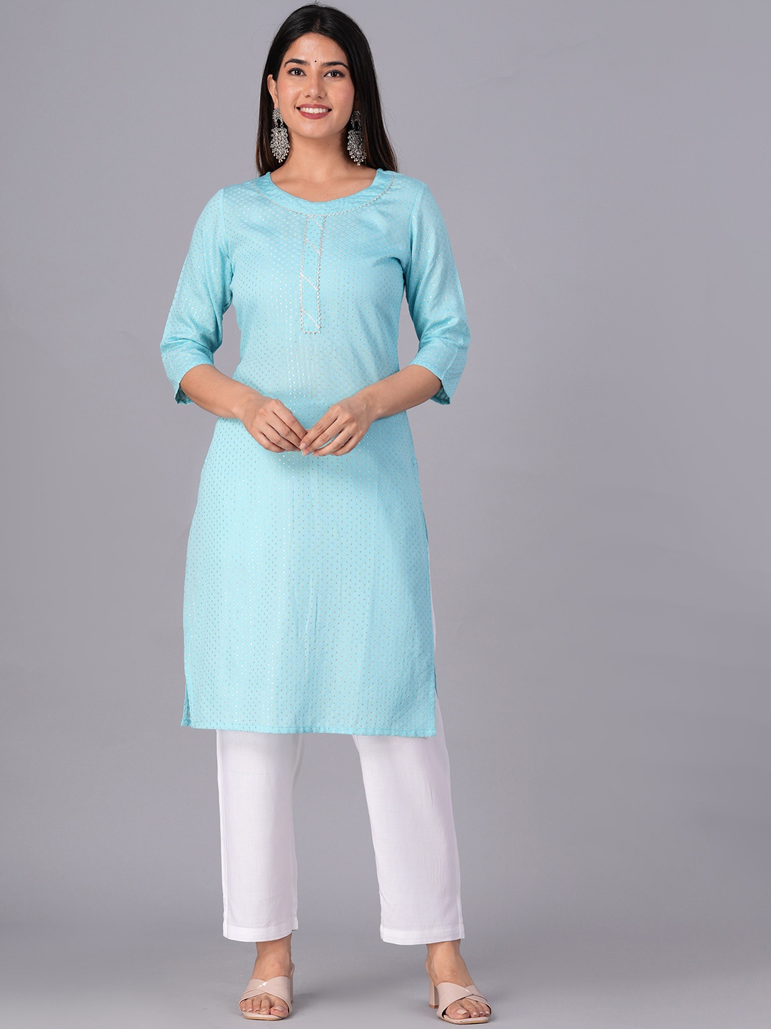 

DORIYA Ethnic Motifs Printed Gotta Patti Kurta with Palazzos & Dupatta, Blue