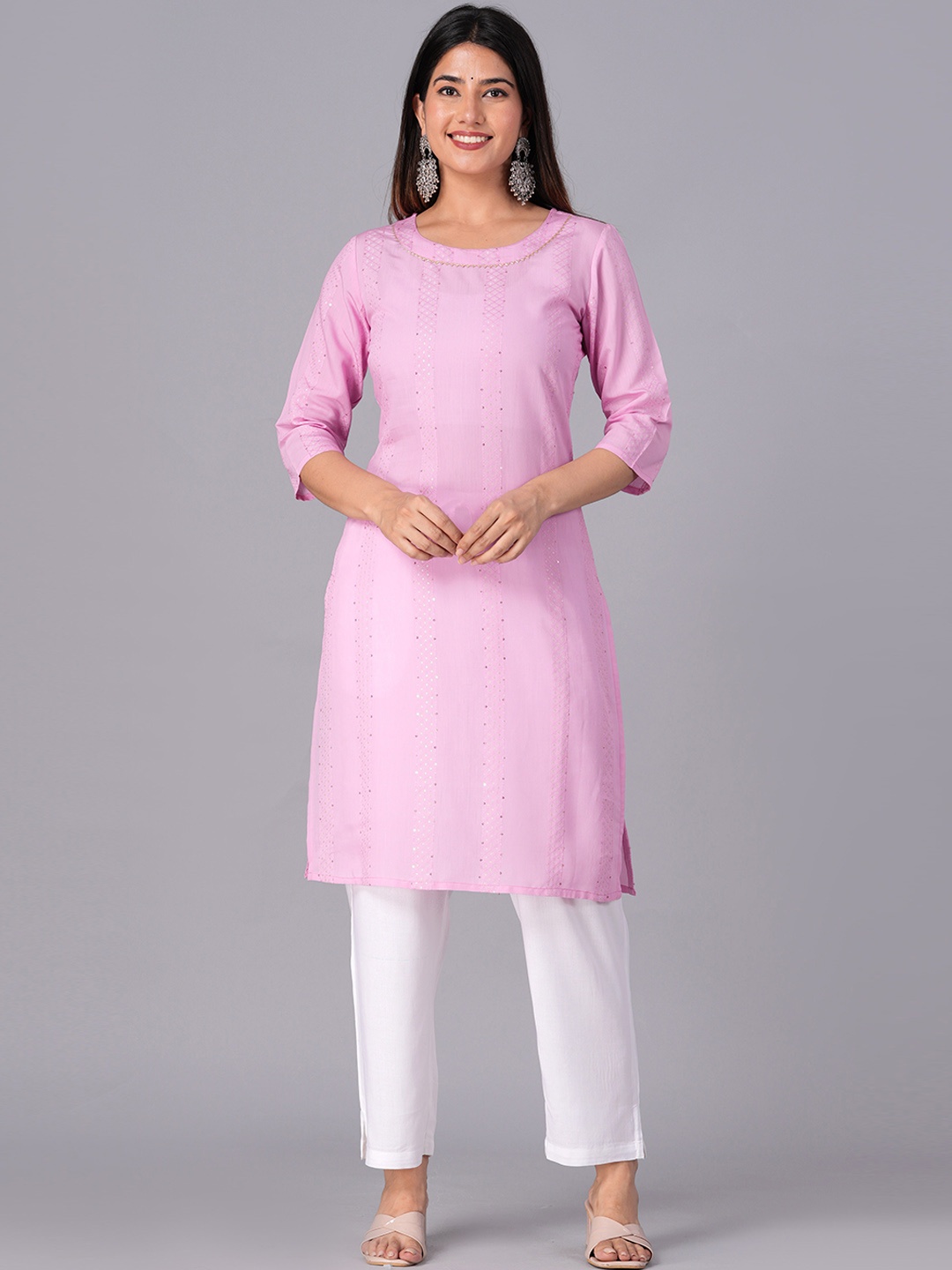 

DORIYA Striped Sequinned Kurta with Trousers & Dupatta, Pink