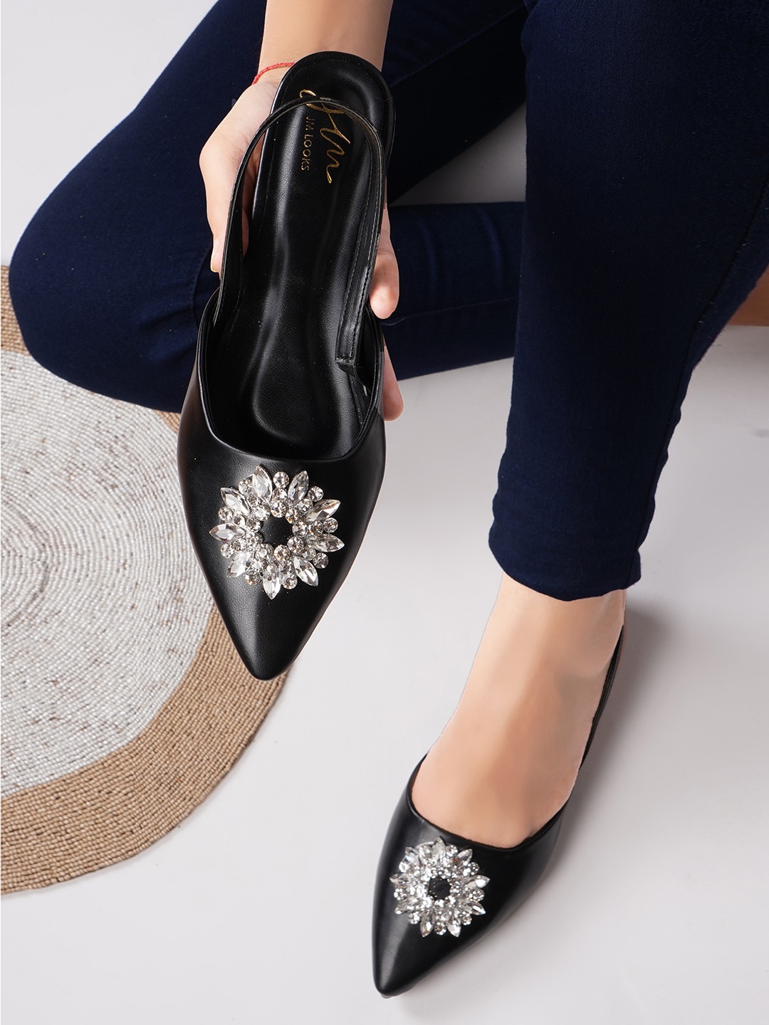 

JM Looks Embellished Pointed Toe Mules, Black