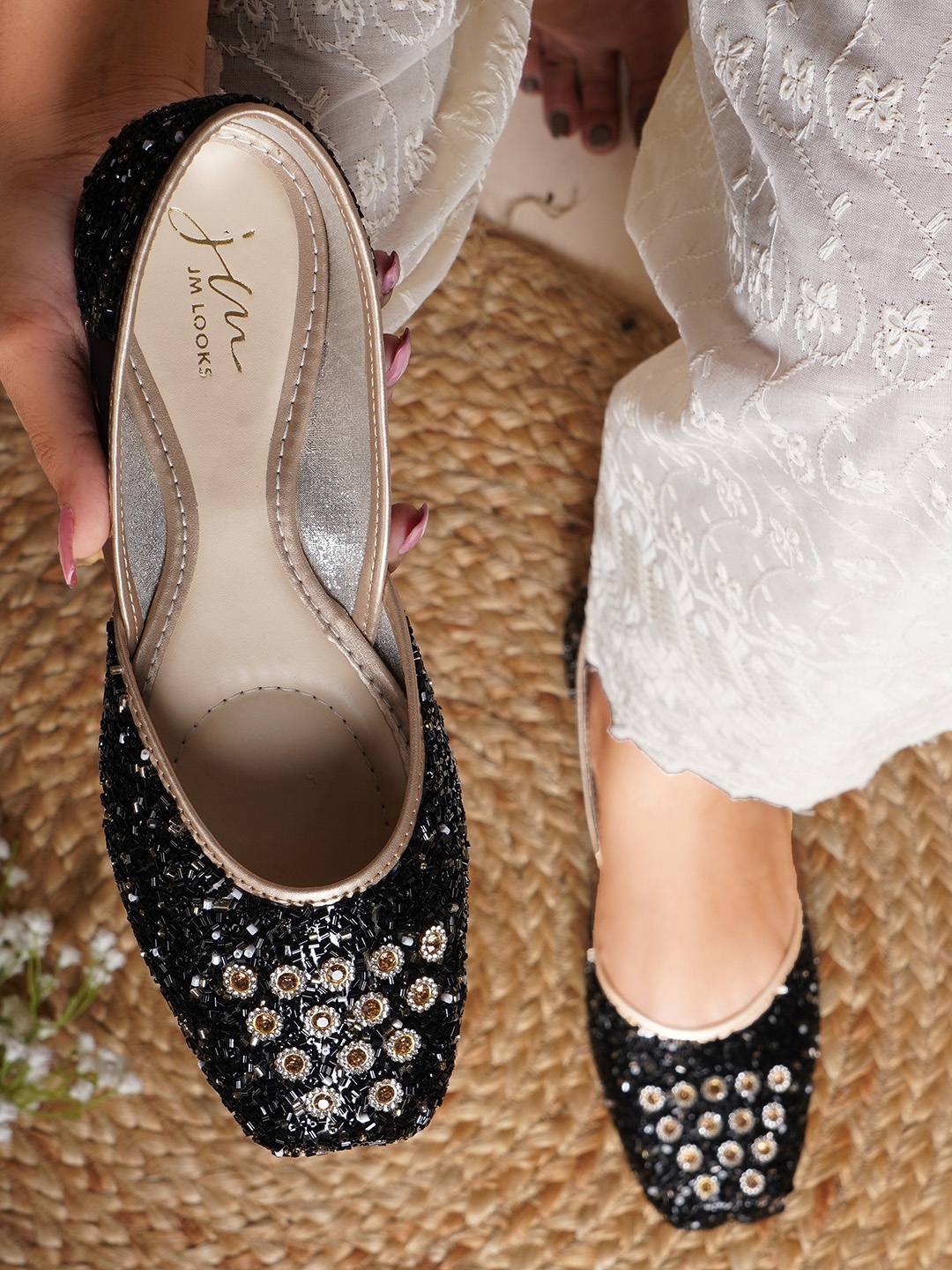 

JM Looks Embellished Slip-On Mojaris, Black