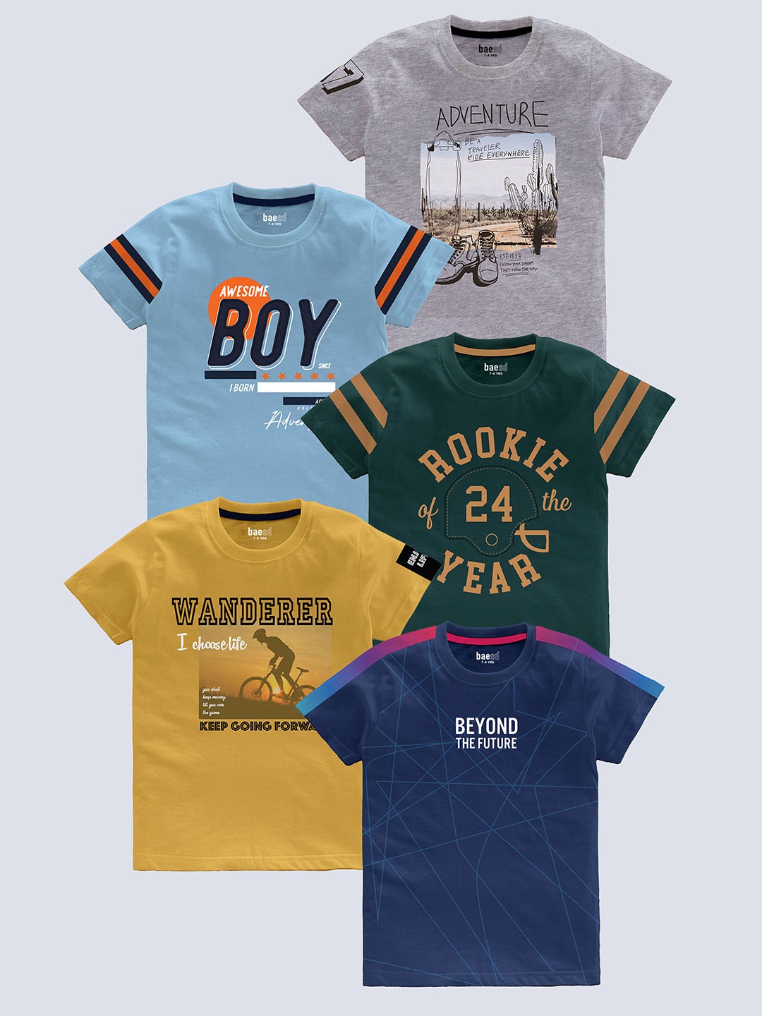 BAESD Boys Pack Of 5 Typography Printed Pure Cotton T-shirt, Grey