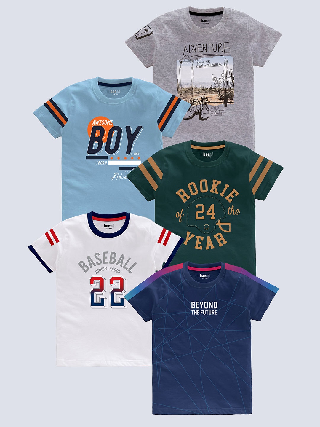 

BAESD Boys Pack of 5 Graphic Printed Cotton T-shirt, Grey