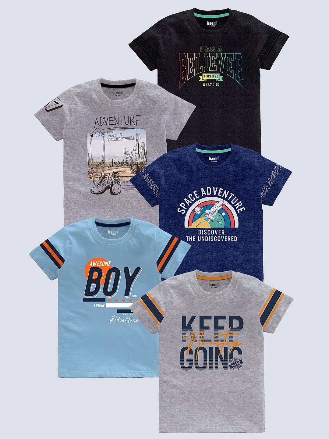 

BAESD Boys Pack Of 5 Typography Printed Pure Cotton T-shirt, Grey