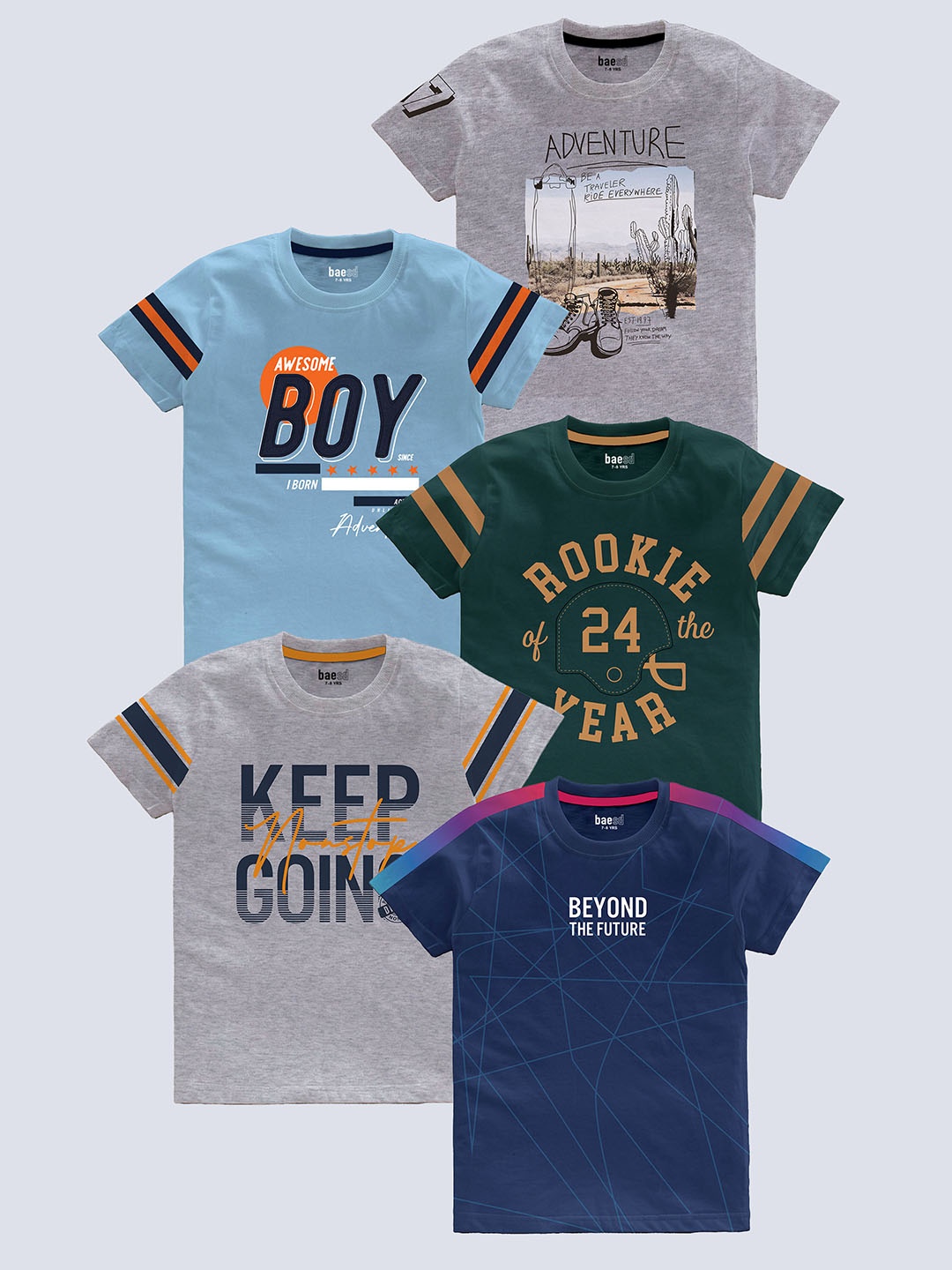 

BAESD Boys Pack Of 5 Typography Printed Round Neck Cotton T-shirts, Grey