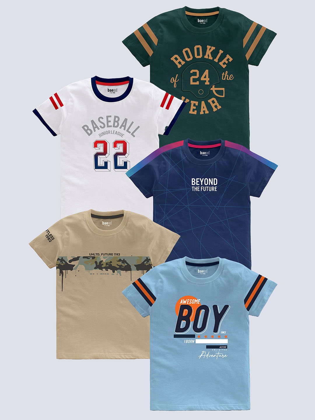 BAESD Boys Pack of 5 Typography Printed Cotton T-shirt, White
