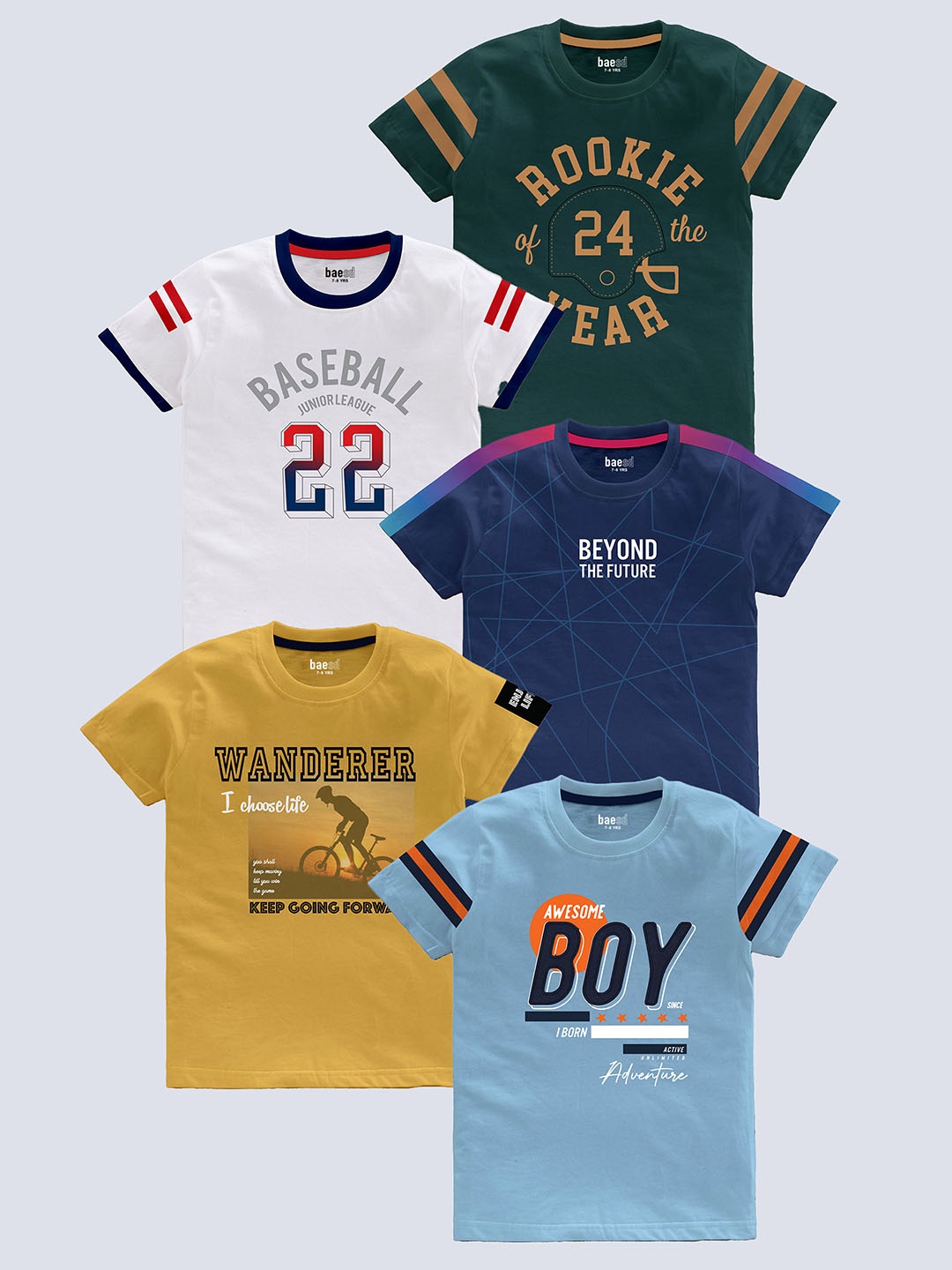 

BAESD Boys Pack Of 5 Typography Printed Pure Cotton T-shirt, Blue