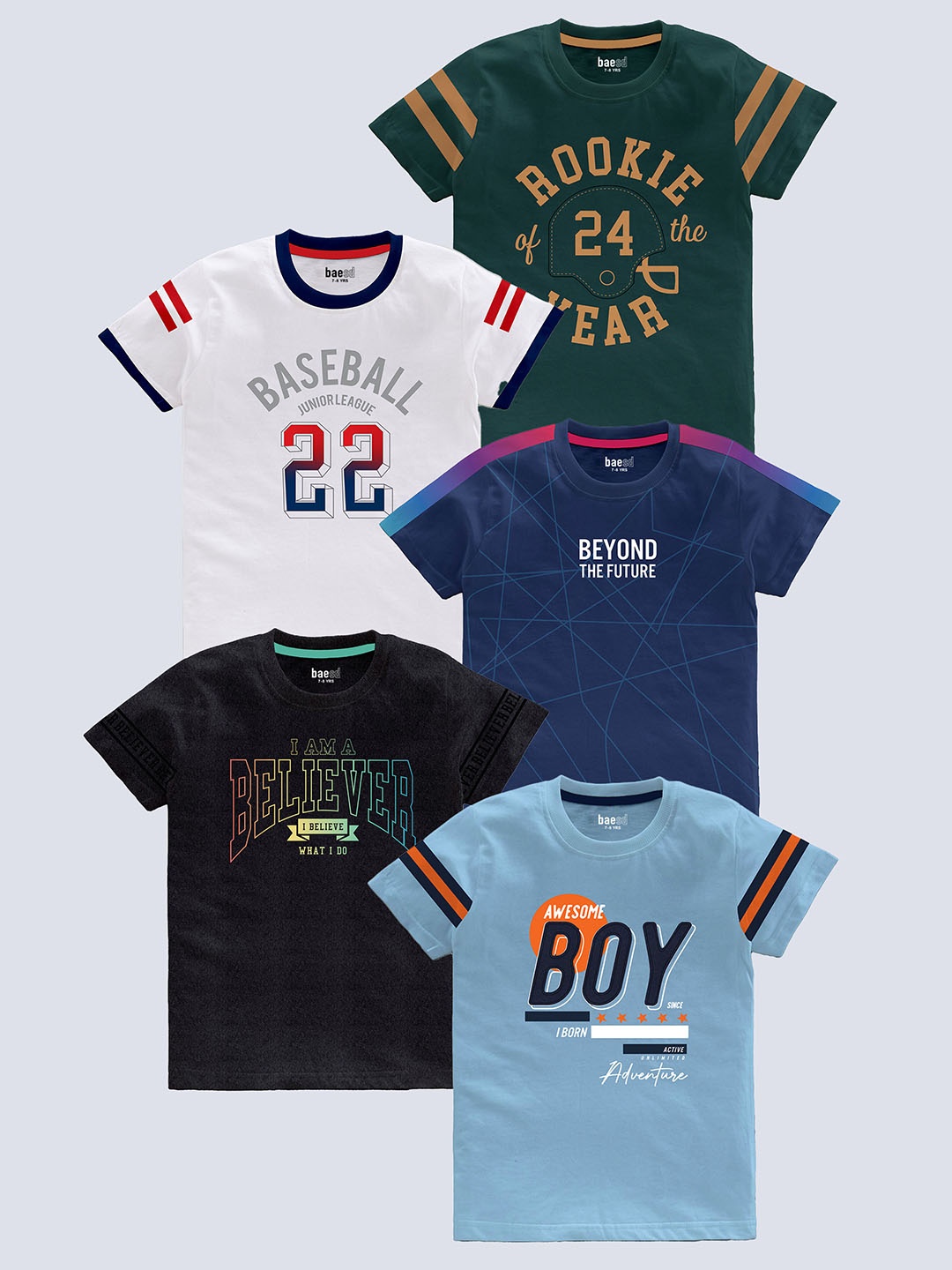 

BAESD Boys Pack Of 5 Typography Printed Pure Cotton T-shirt, Green