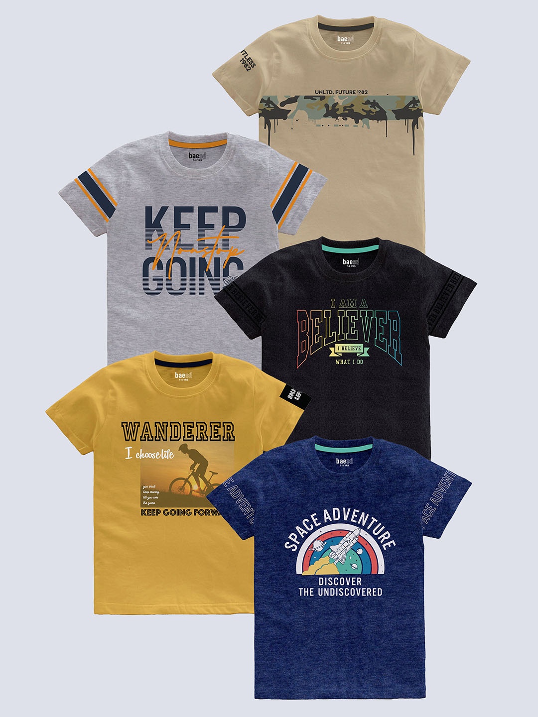 

BAESD Boys Pack Of 5 Typography Printed Round Neck Cotton T-shirts, Beige