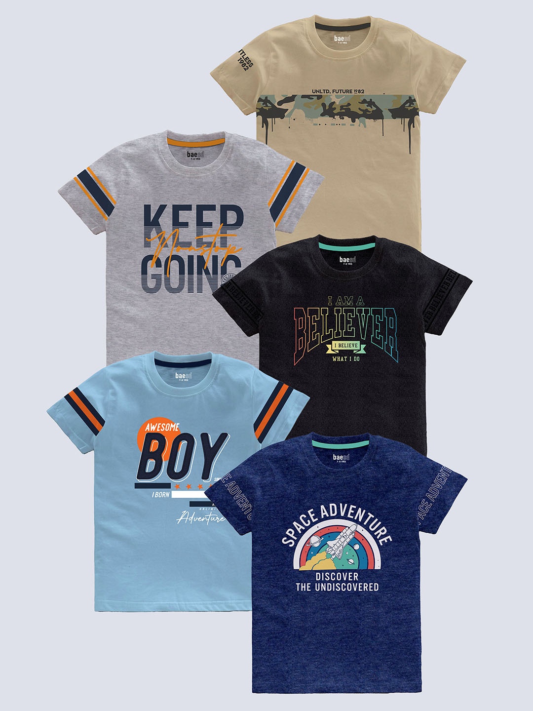 

BAESD Boys Pack Of 5 Printed Pure Cotton T-shirts, Beige