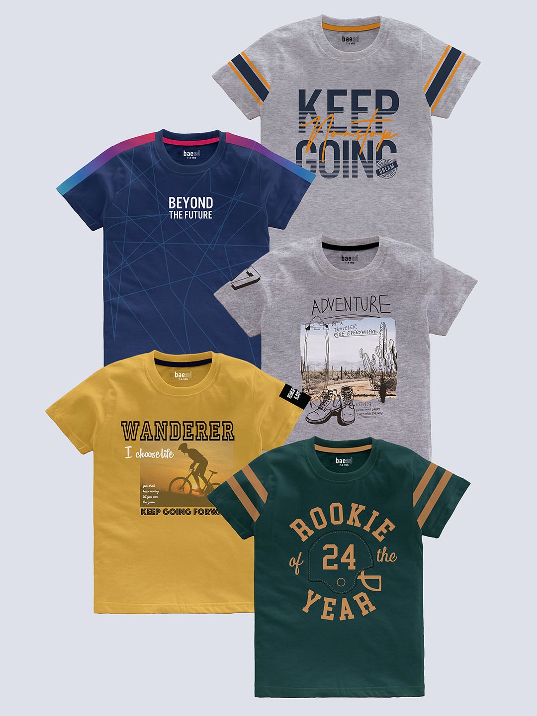

BAESD Boys Pack Of 5 Typography Printed Pure Cotton T-shirt, Yellow
