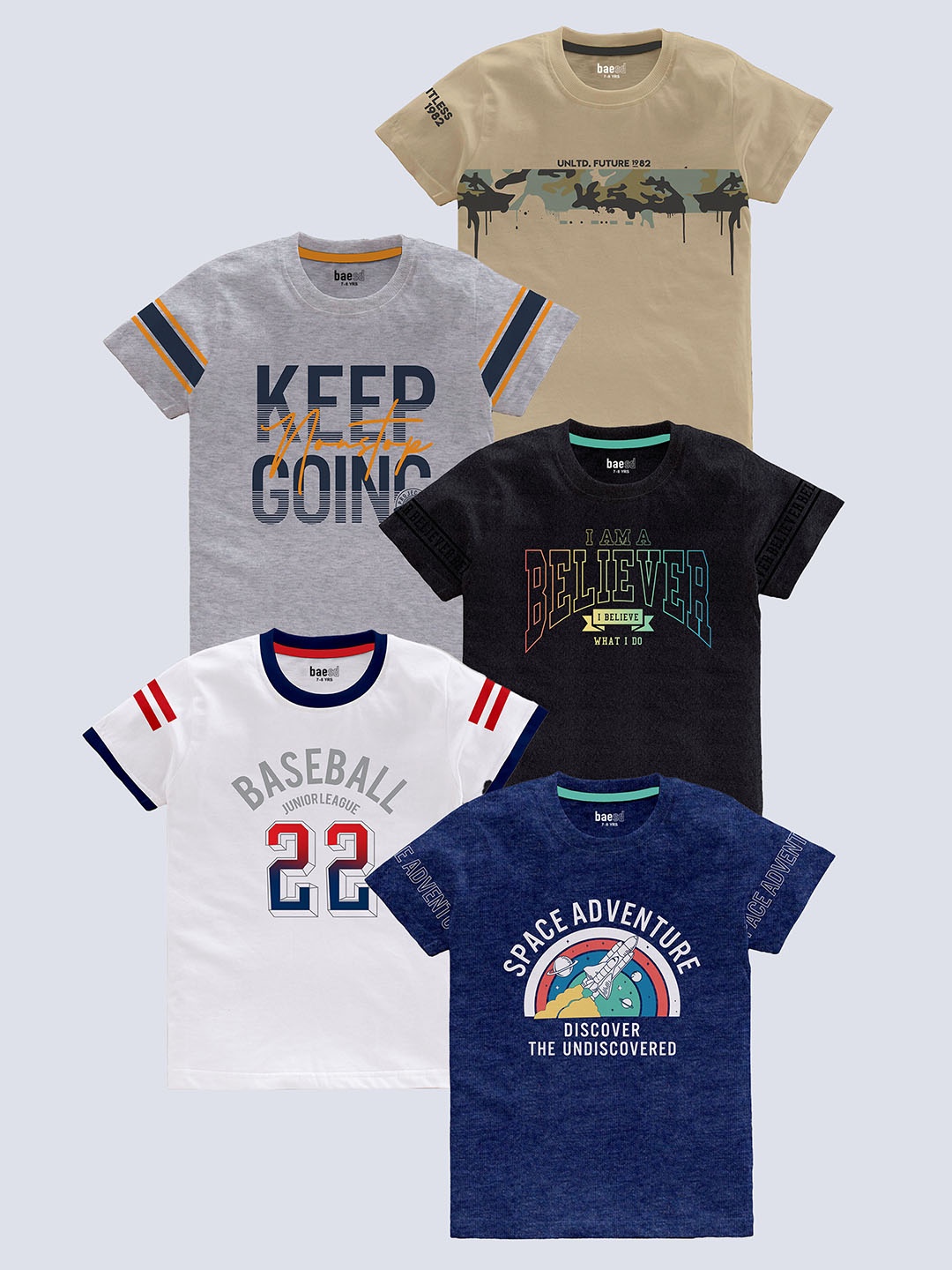 BAESD Boys Pack Of 5 Typography Printed Round Neck Cotton T-shirts, Beige