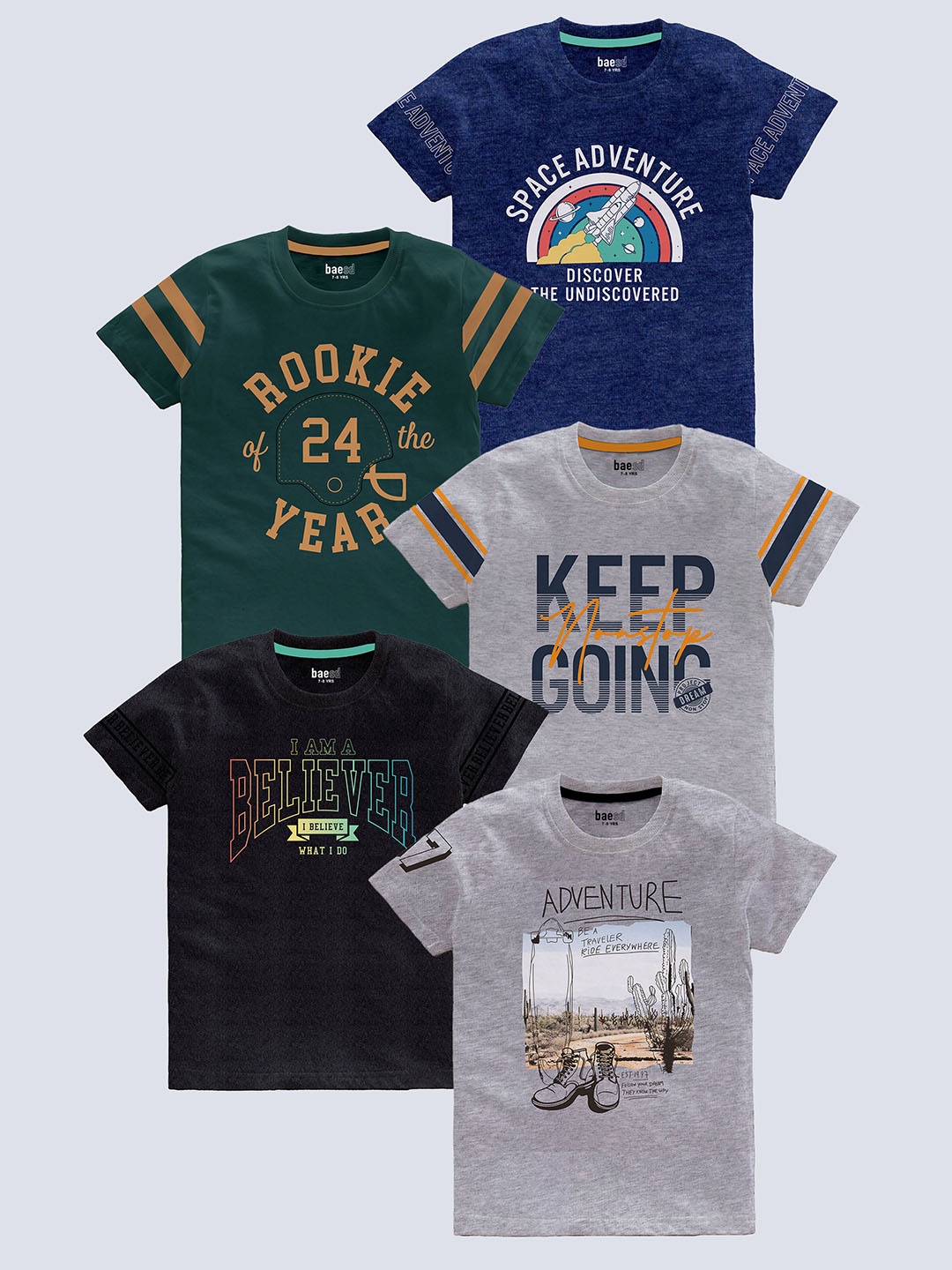 

BAESD Boys Pack Of 5 Typography Printed Pure Cotton T-shirt, Grey