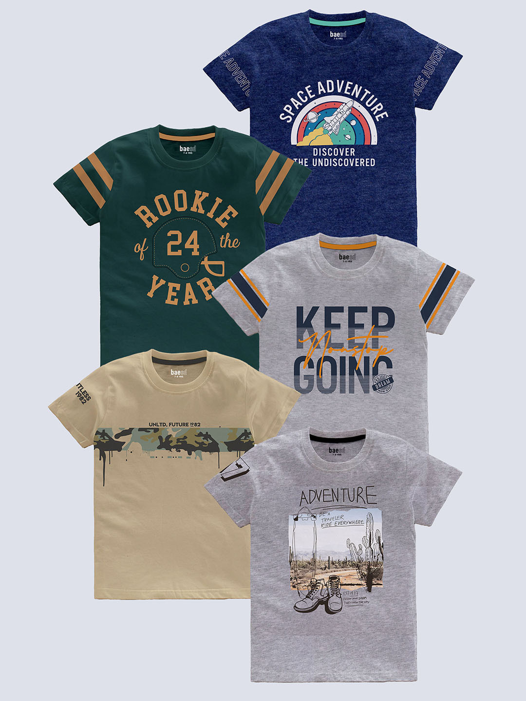 

BAESD Boys Pack Of 5 Typography Printed Pure Cotton T-shirt, Green