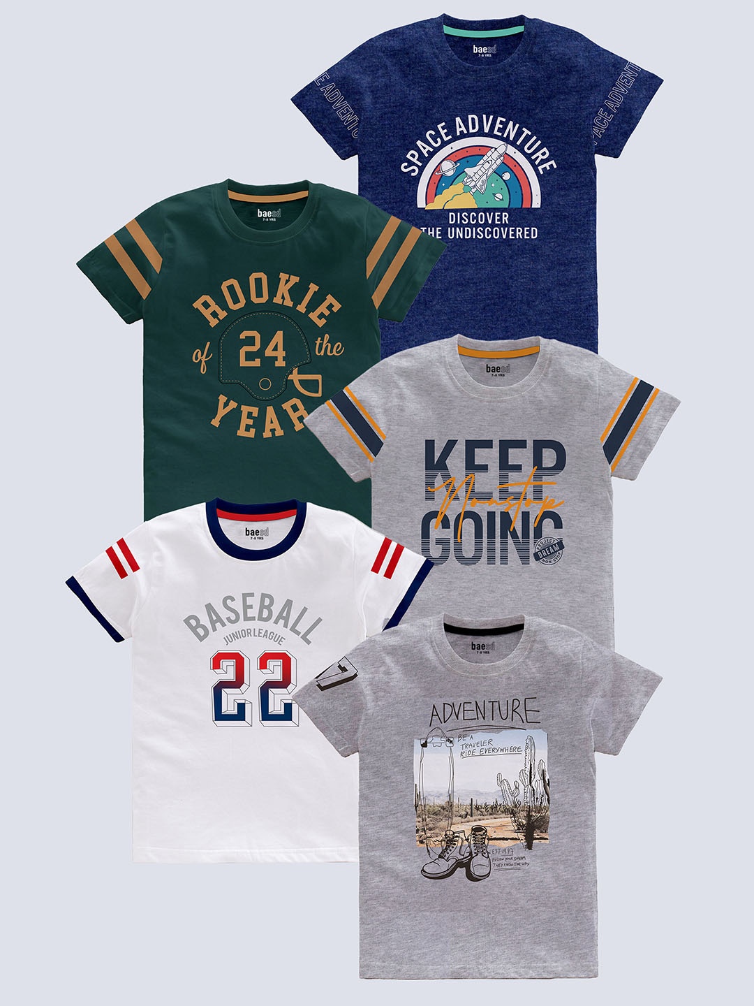 

BAESD Boys Pack Of 5 Typography Printed Pure Cotton T-shirt, Navy blue