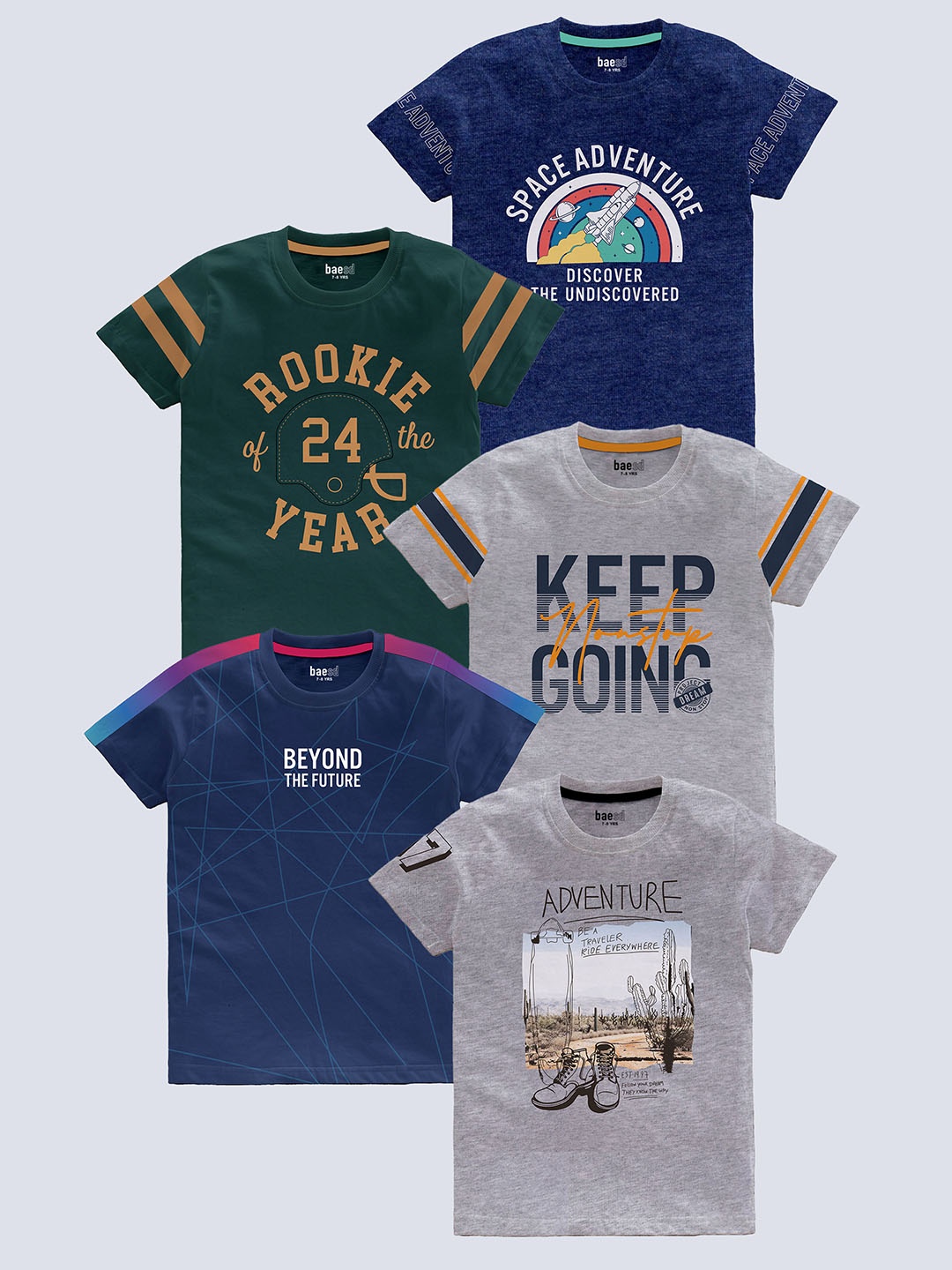 

BAESD Boys Pack Of 5 Typography Printed Round Neck Cotton T-shirts, Green