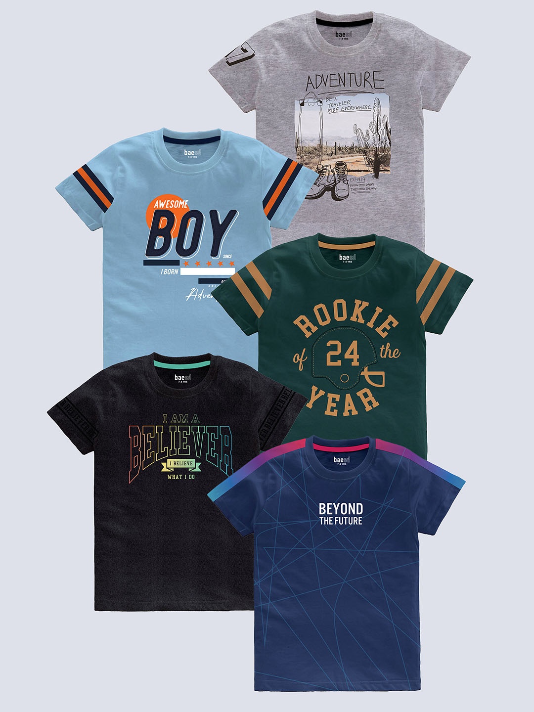 

BAESD Boys Pack of 5 Typography Printed Cotton T-shirt, Black