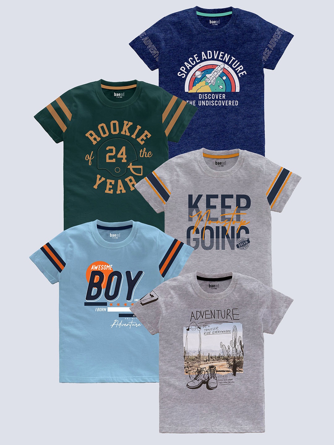 

BAESD Boys Pack of 5 Typography Printed Cotton T-shirt, Blue