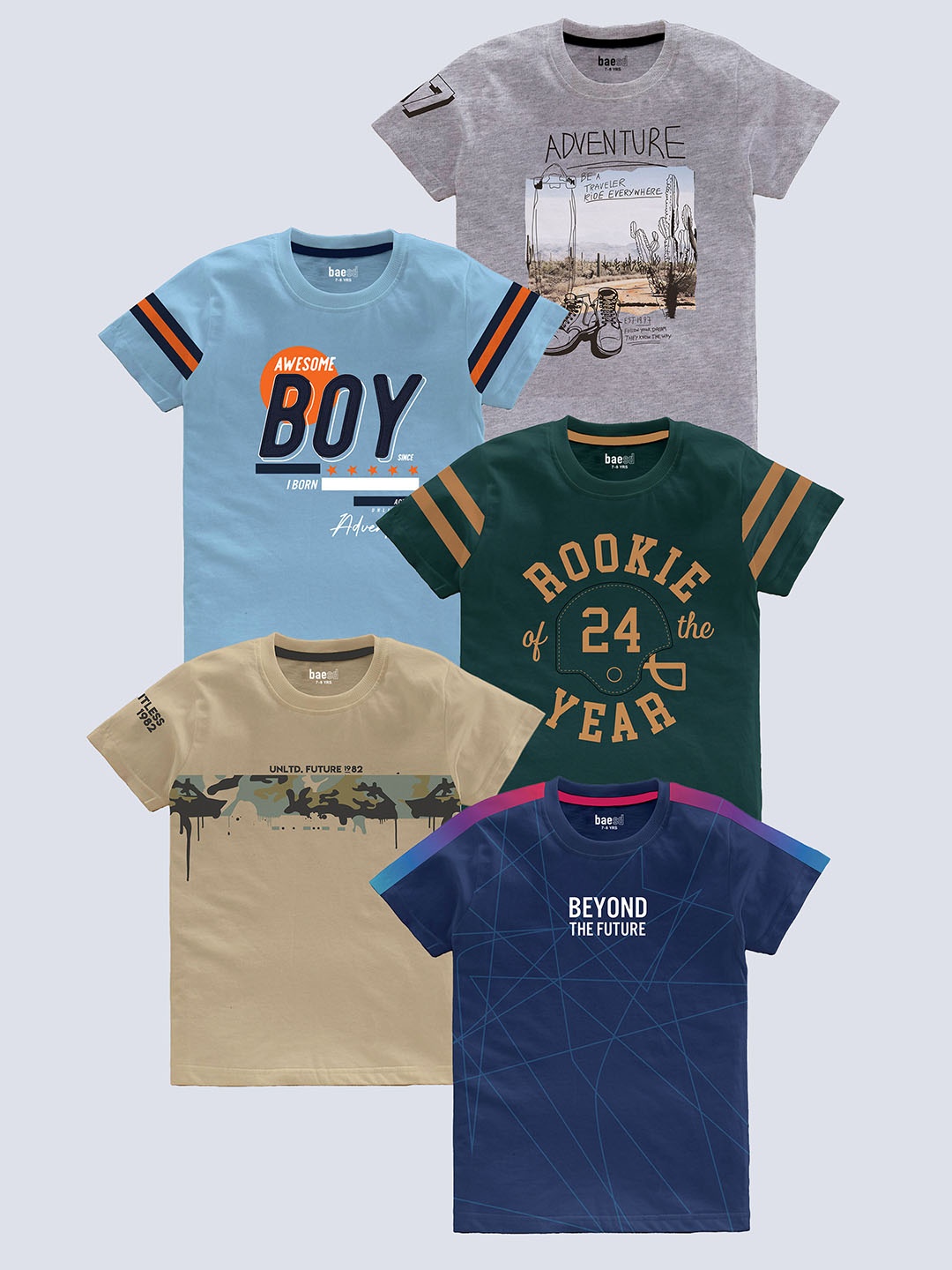 

BAESD Boys Pack Of 5 Typography Printed Pure Cotton T-shirt, Beige