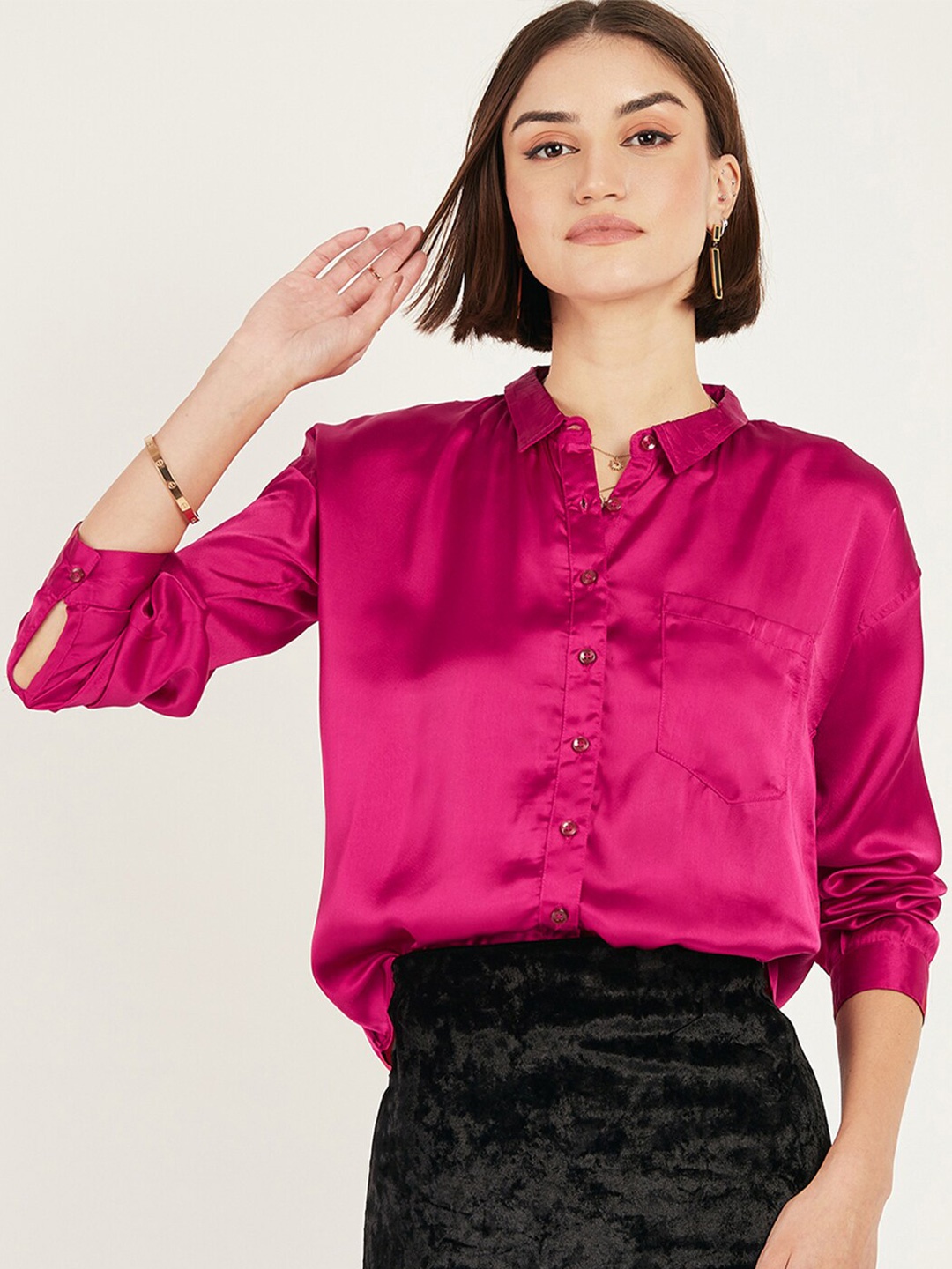 

DressBerry Pink Opaque Satin Casual Shirt