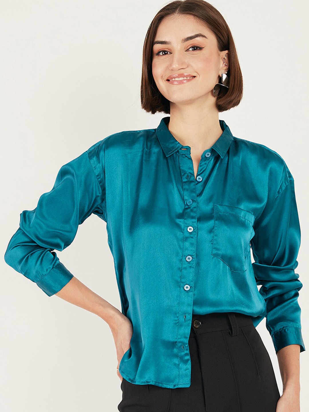 

DressBerry Teal Blue Opaque Satin Casual Shirt