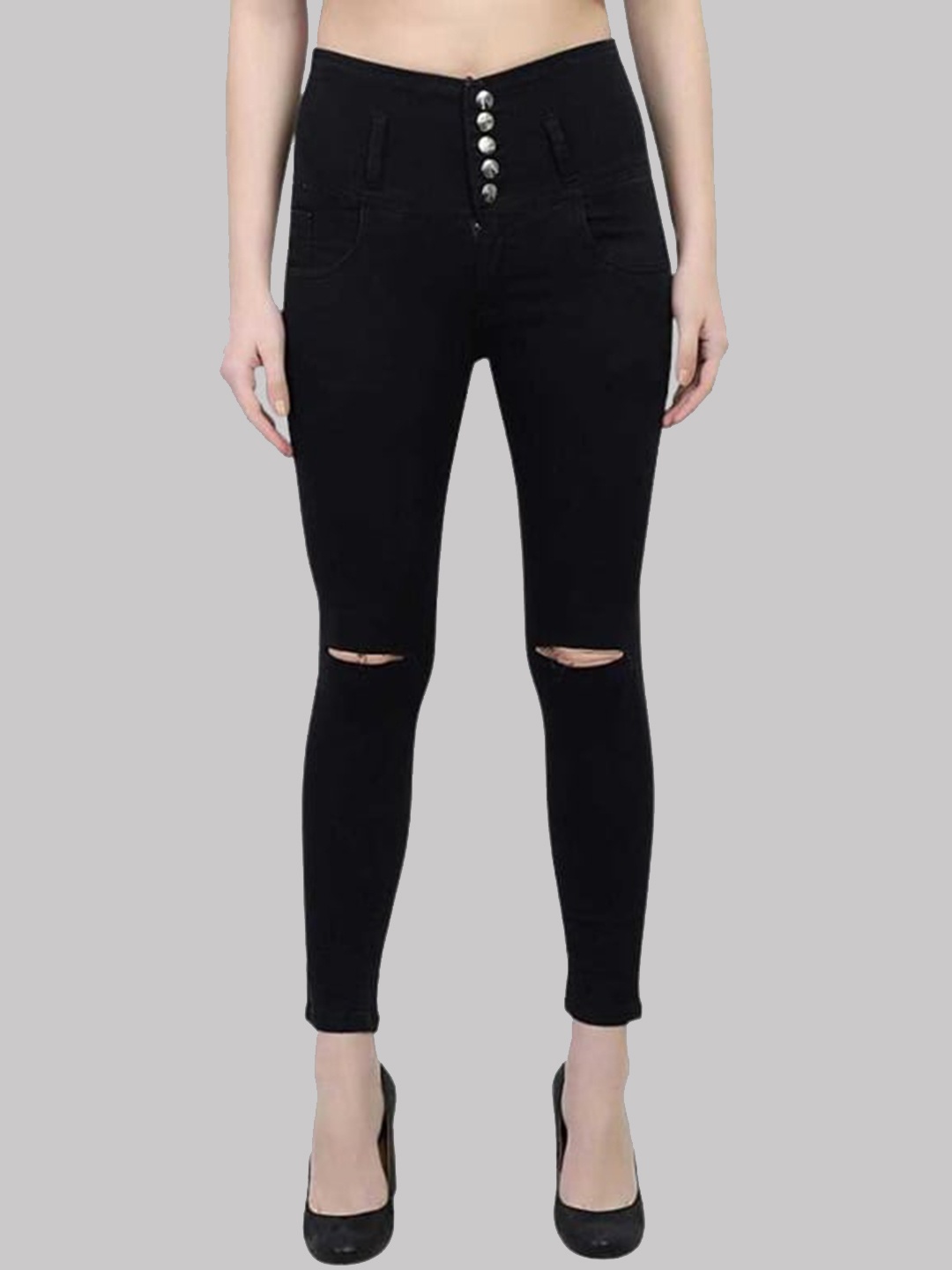 

MM-21 Women Jean Skinny Fit High Rise Slash Knee Cropped Stretchable Jeans, Black