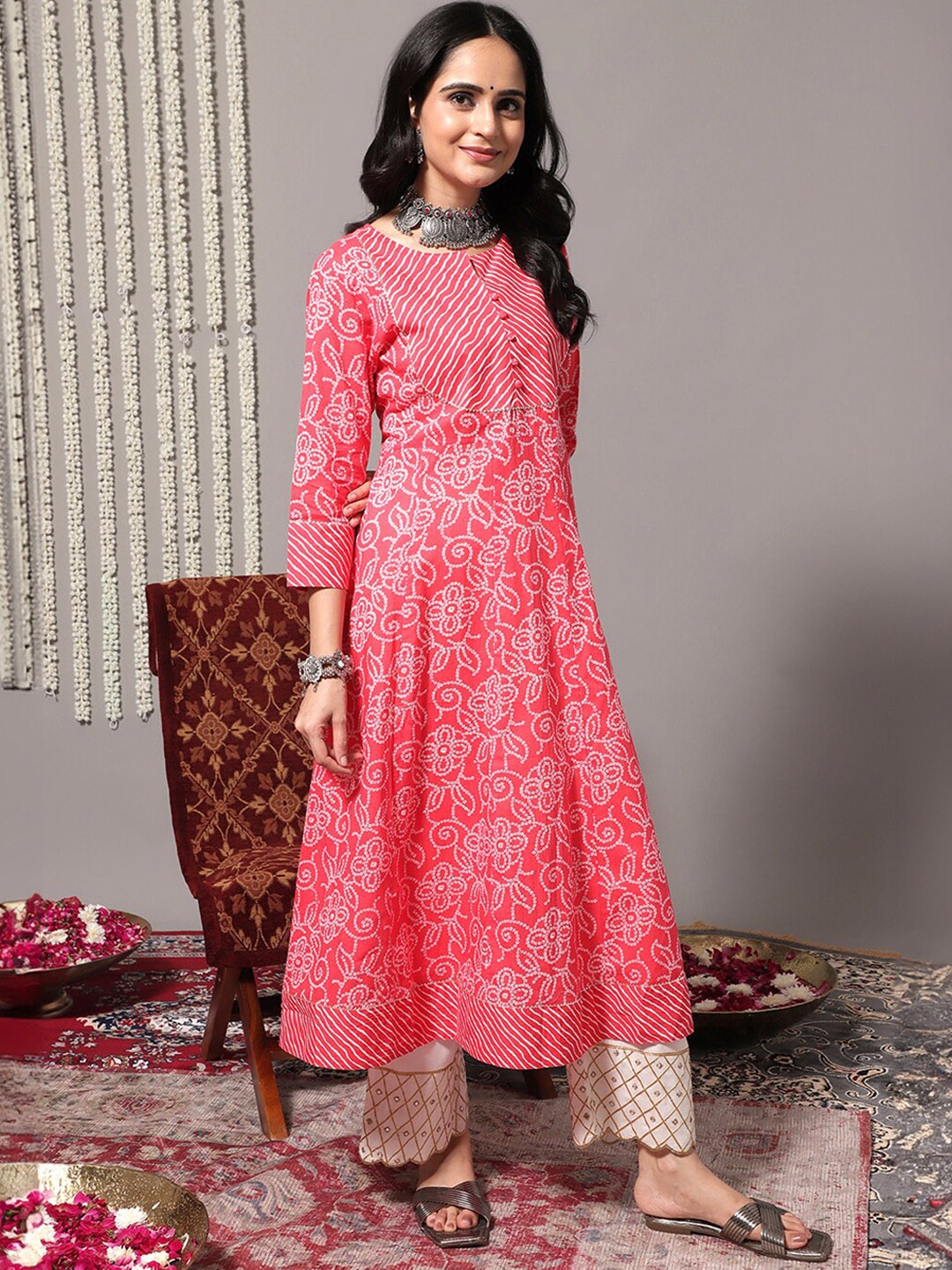 

Varanga Ethnic Motif Printed A-Line Cotton Kurta, Peach