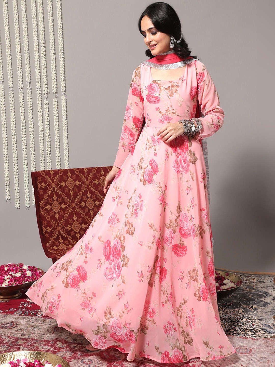 

Varanga Floral Printed Georgette A Line Ethnic Dress With Dupatta, Pink
