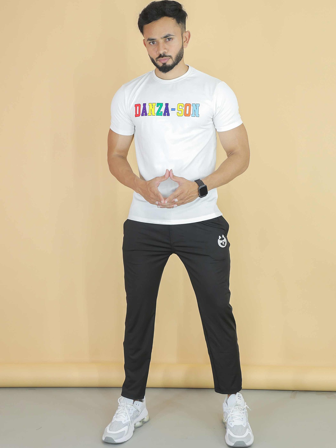 

DANZA-SON Brand Logo Printed Mid Rise T Shirt & Track Pant, Black