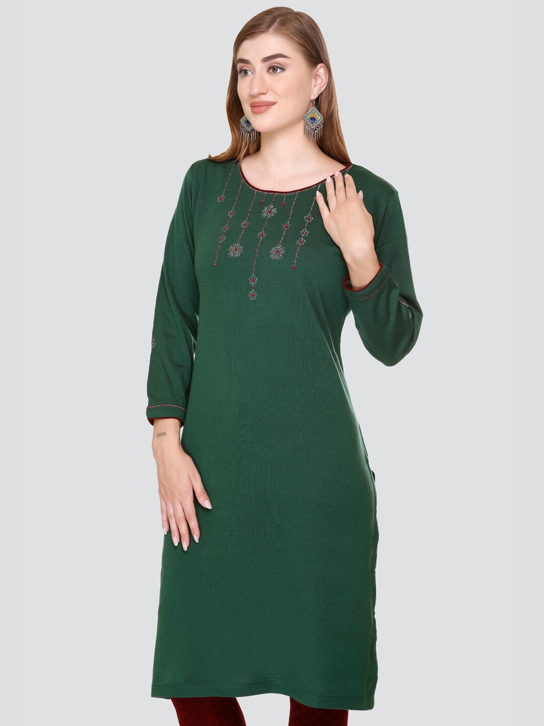 

Elthia Floral Yoke Design Acrylic Straight Kurta, Green