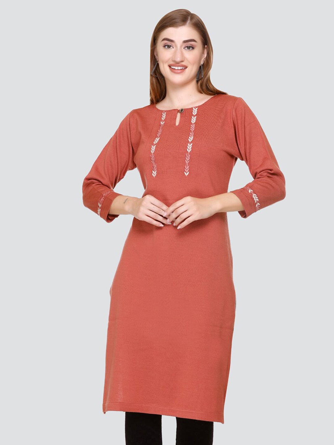 

Elthia Floral Yoke Design Straight Kurta, Rust