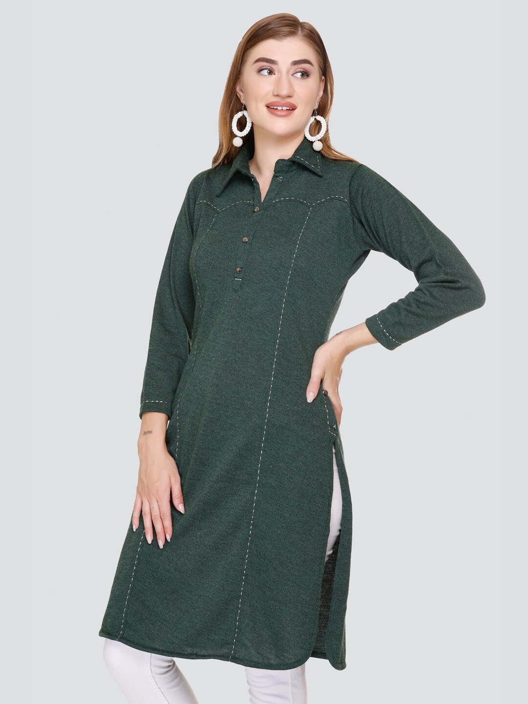 

Elthia Shirt Collar Thread Work Kurti, Green