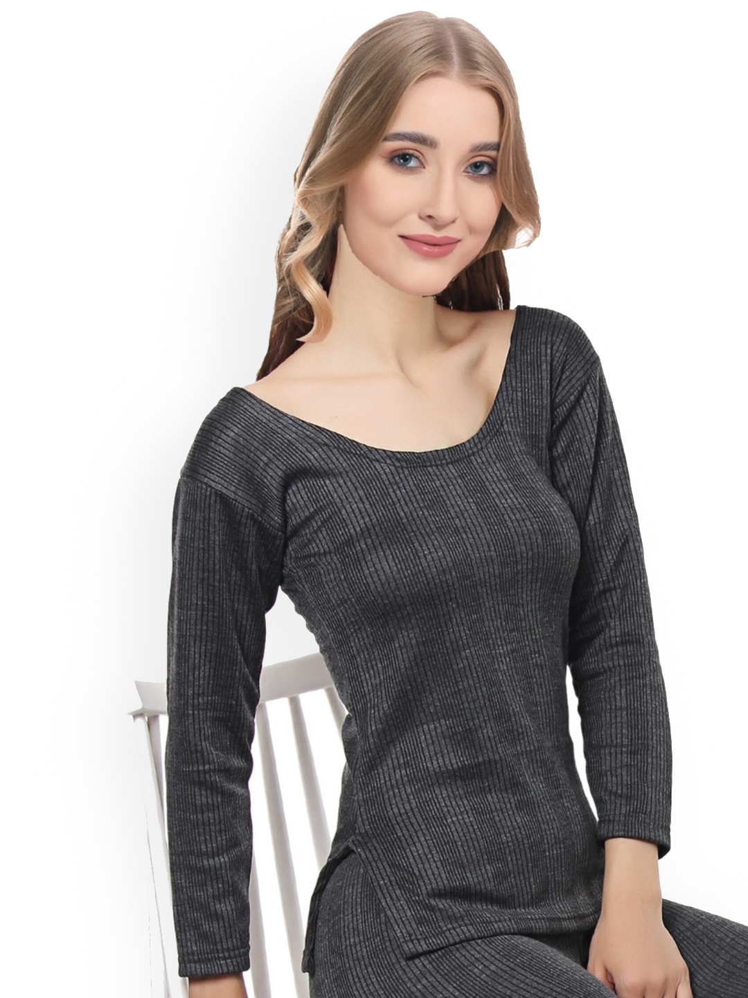 

Boleem Ribbed Round Neck Thermal Top, Grey