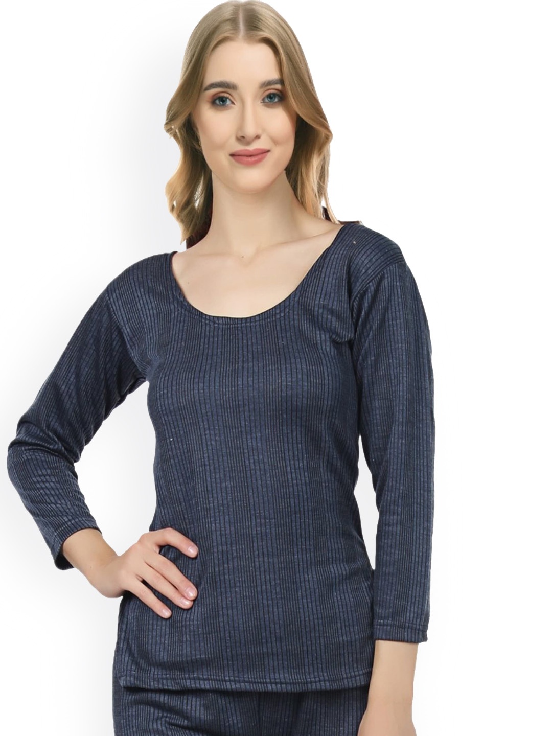 

Boleem Ribbed Round Neck Thermal Top, Blue