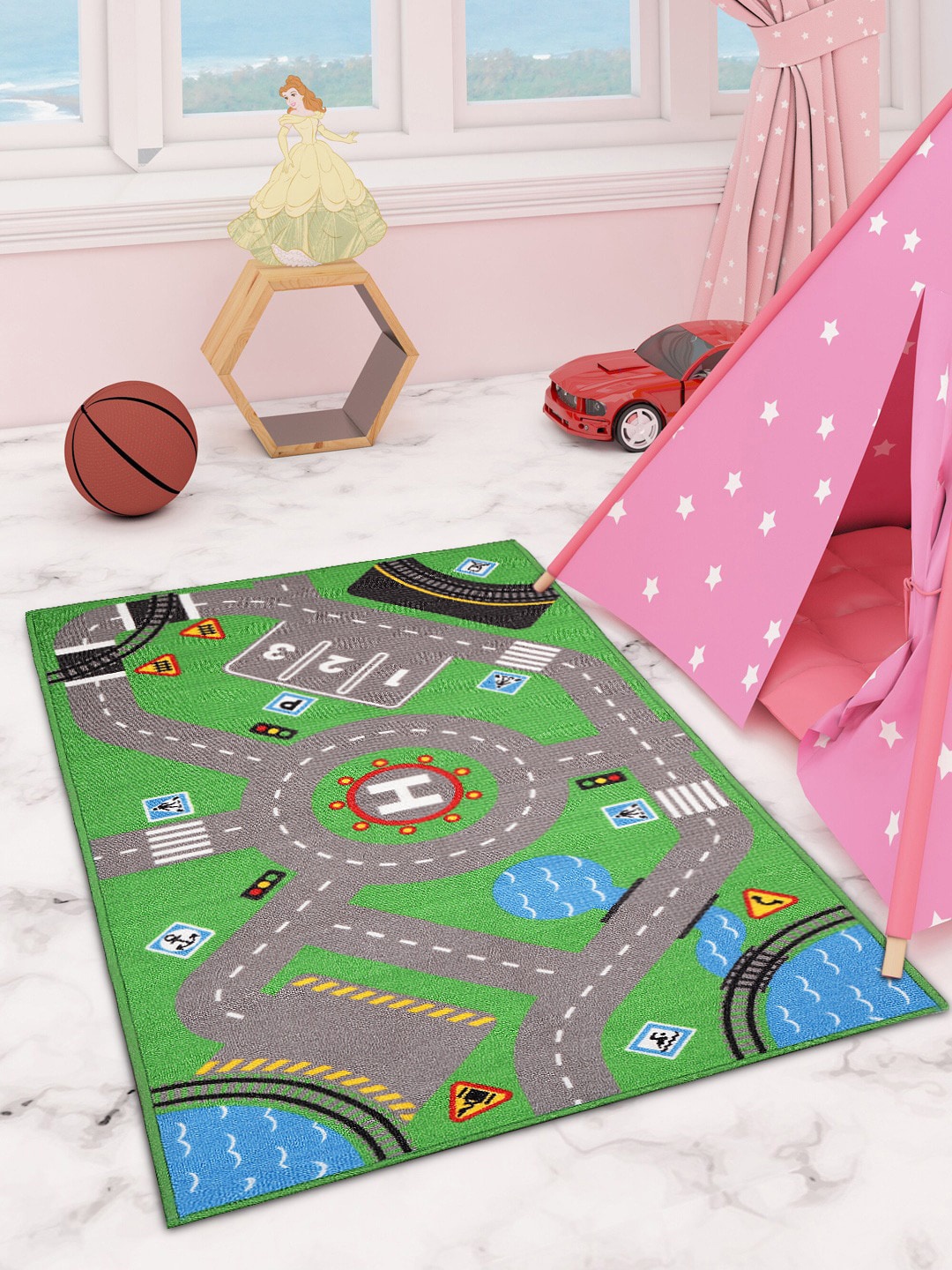 

FABINALIV Kids Green & Grey Printed Anti-Skid Floor Mat