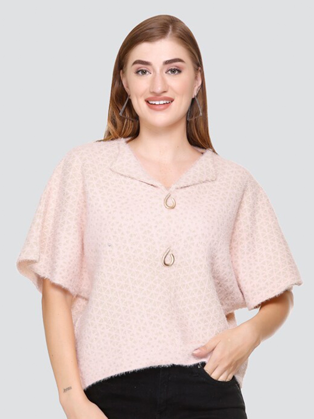 

Elthia Geometric Printed Cuban Collar Woolen Top, Pink