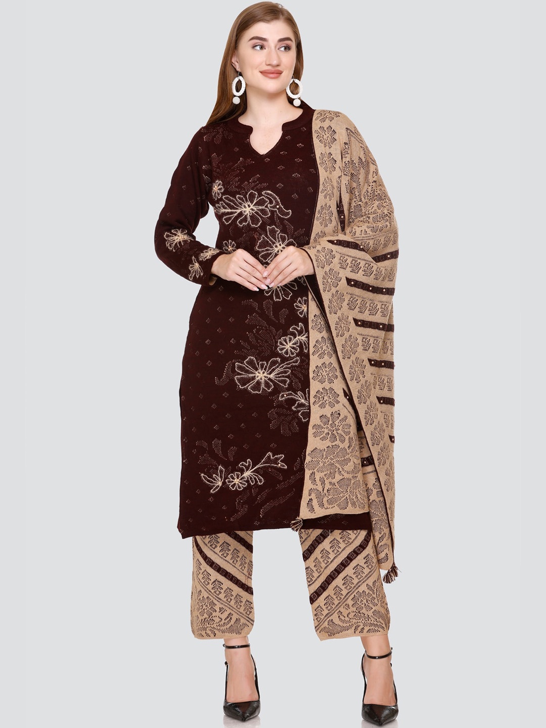 

Elthia Floral Printed Thread Work Kurta & Trousers With Dupatta, Maroon