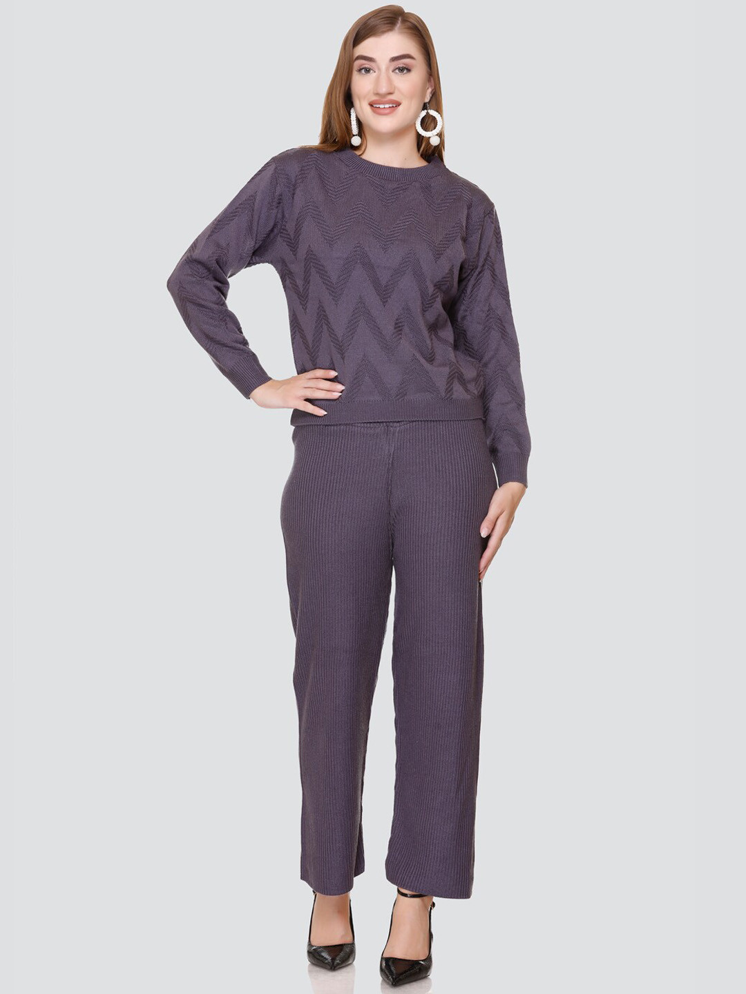 

Elthia Self Design Round Neck Knitted Top With Trouser, Purple