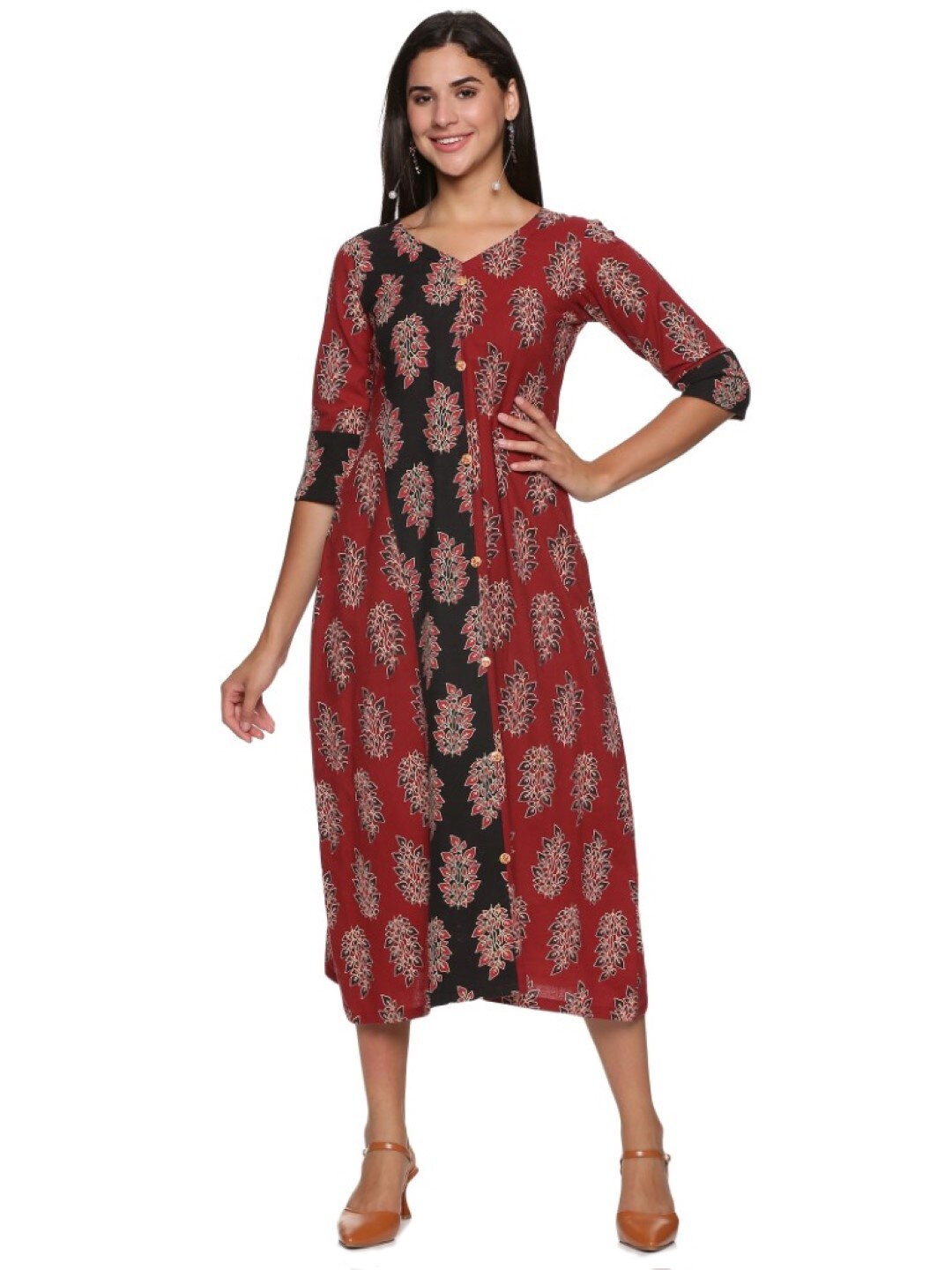 

WEAVERS SAGA Ethnic Motifs Printed A-Line Midi Cotton Ethnic Dress, Red