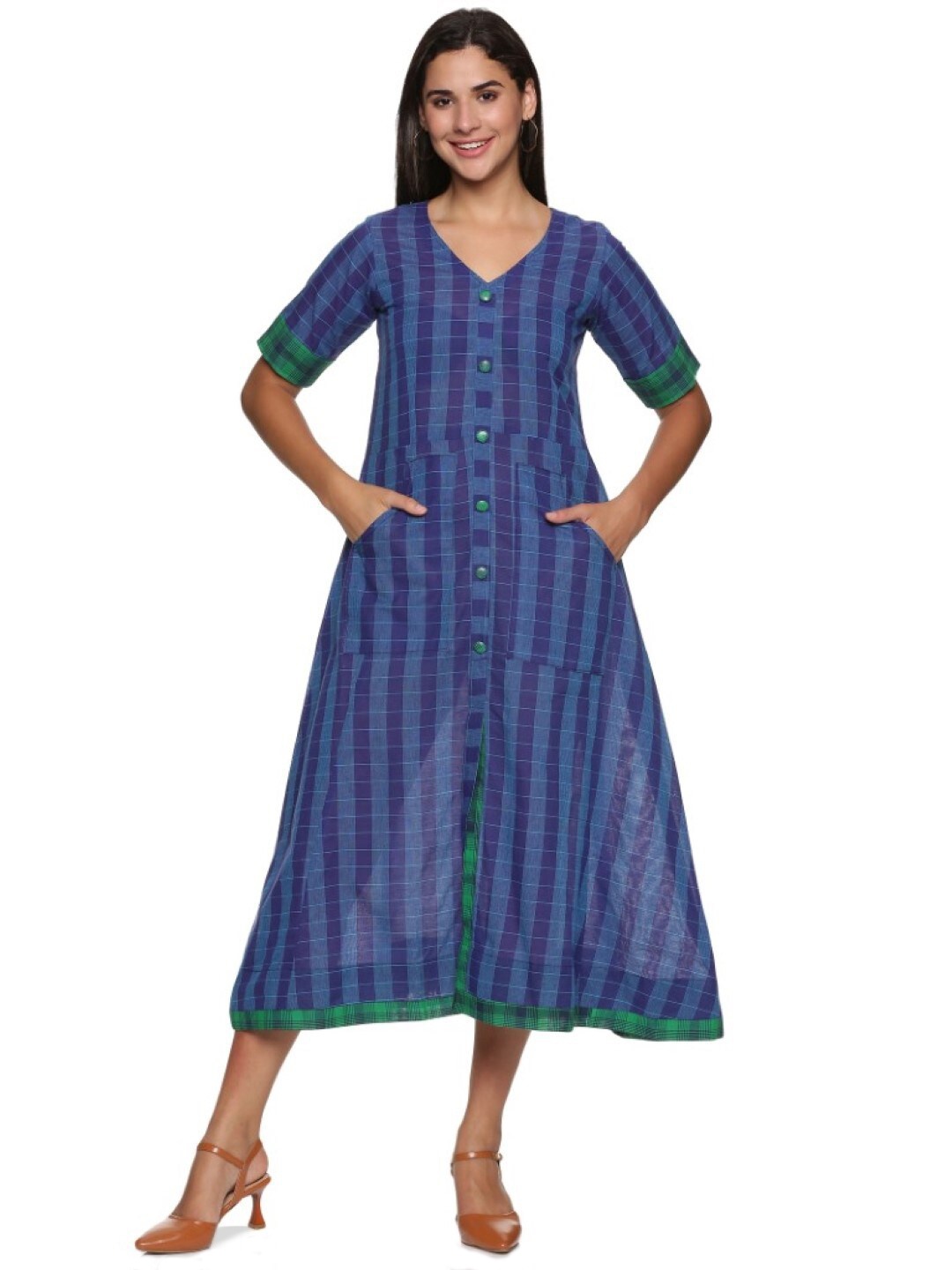 

WEAVERS SAGA Checked A-Line Midi Cotton Dress, Blue